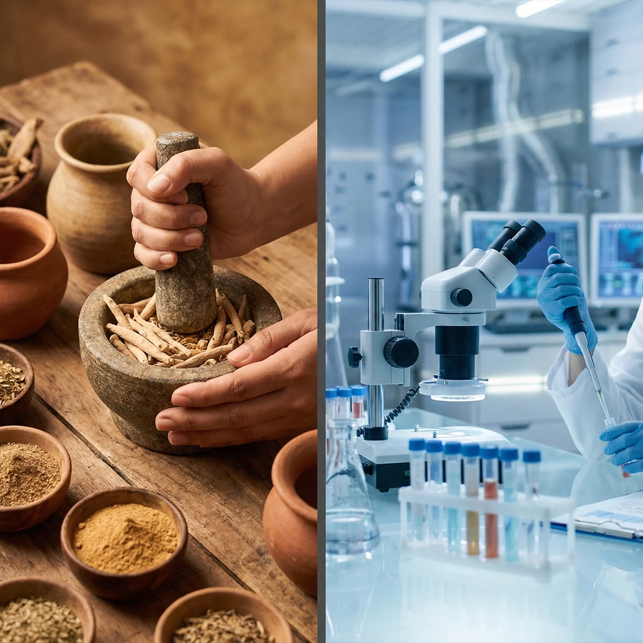 Split comparison showing traditional ashwagandha plant on one side and modern laboratory research on the other
