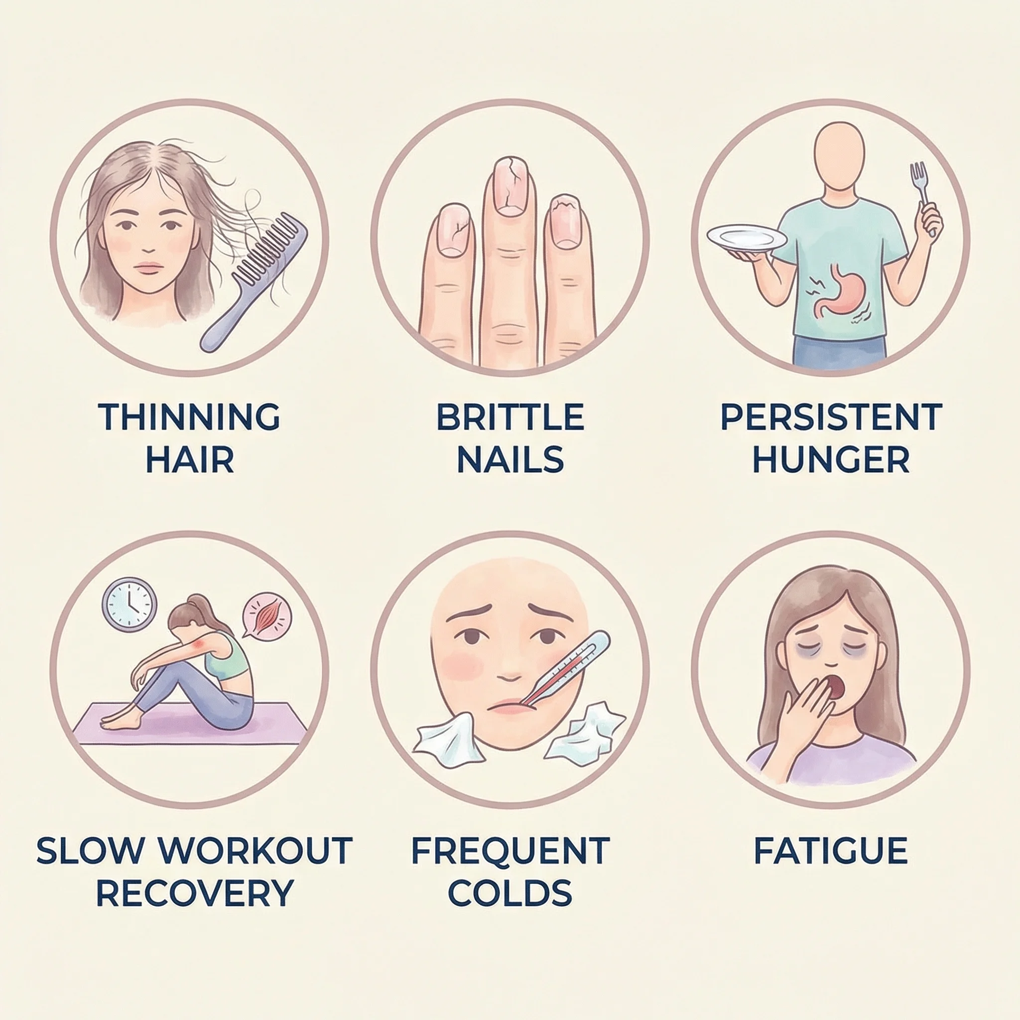 Visual guide showing six common symptoms of insufficient protein intake in women