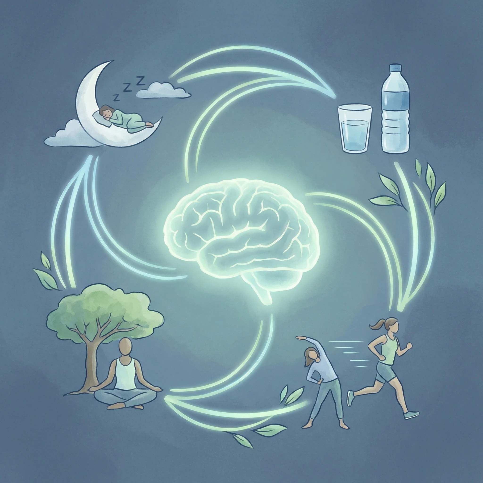 Visual timeline showing how exercise, sleep cycles, hydration, and stress-management practices combine to support brain recovery and cognitive performance.