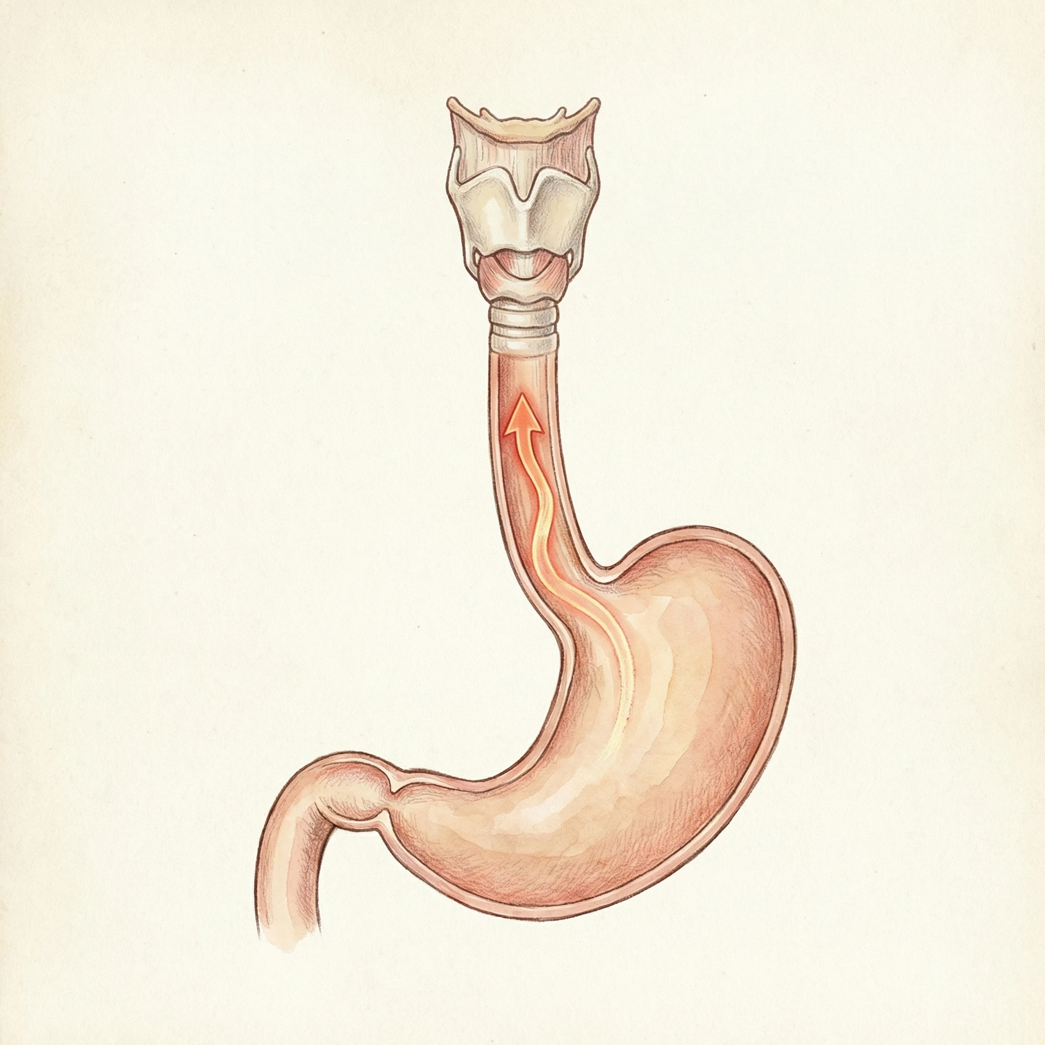 Medical-style cross-sectional diagram showing stomach reflux reaching the esophagus and larynx.