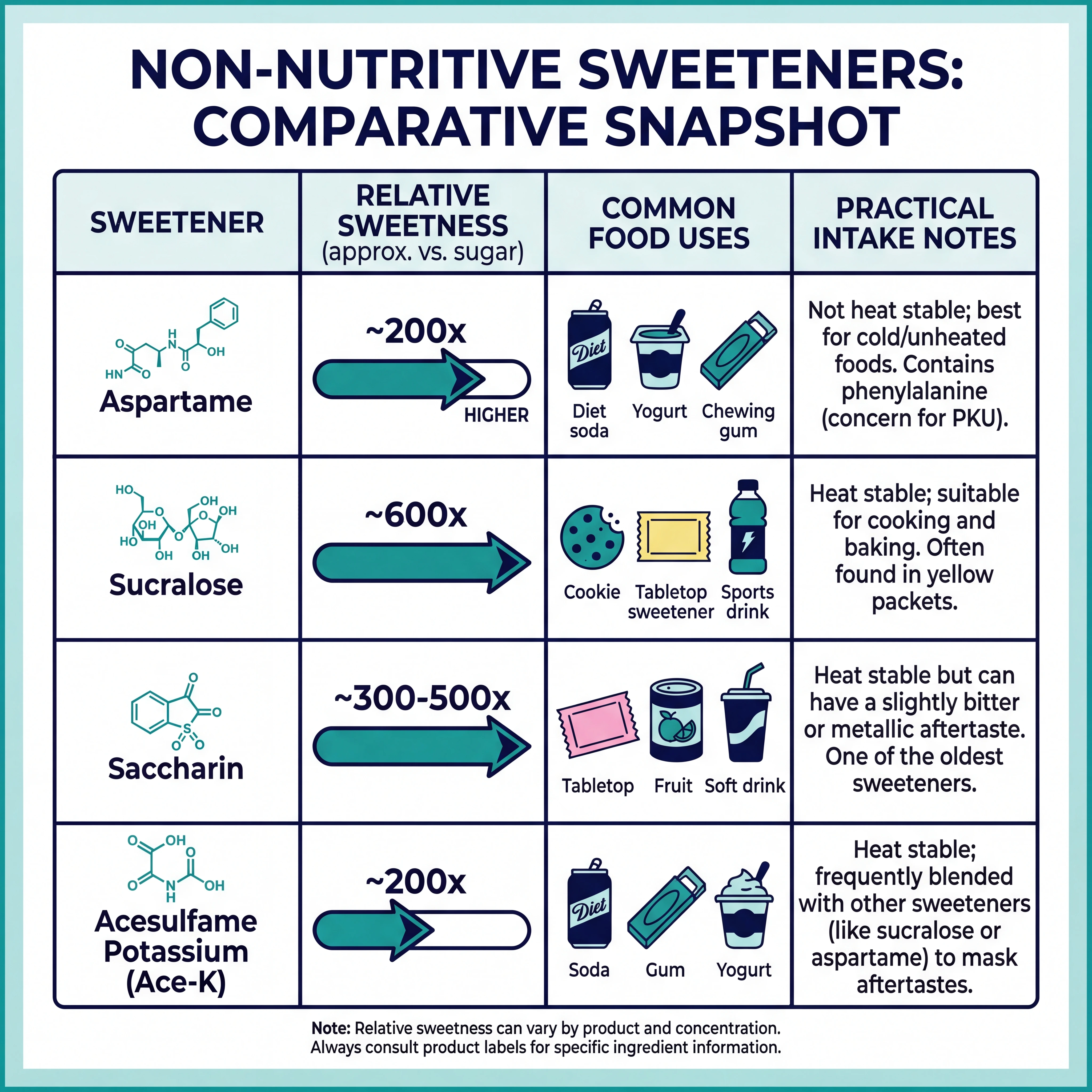 Infographic comparing common artificial sweeteners by sweetness level, food uses, and practical intake considerations.