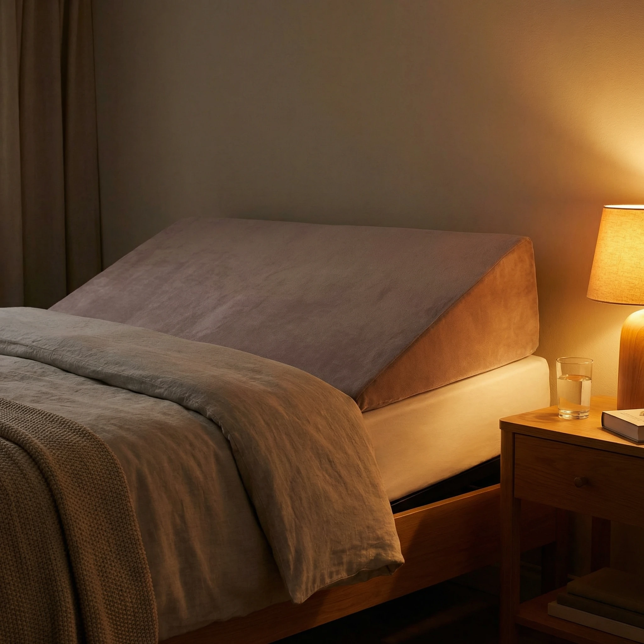 Bedroom scene with elevated head-of-bed setup and side-sleep posture illustrating nighttime reflux prevention.