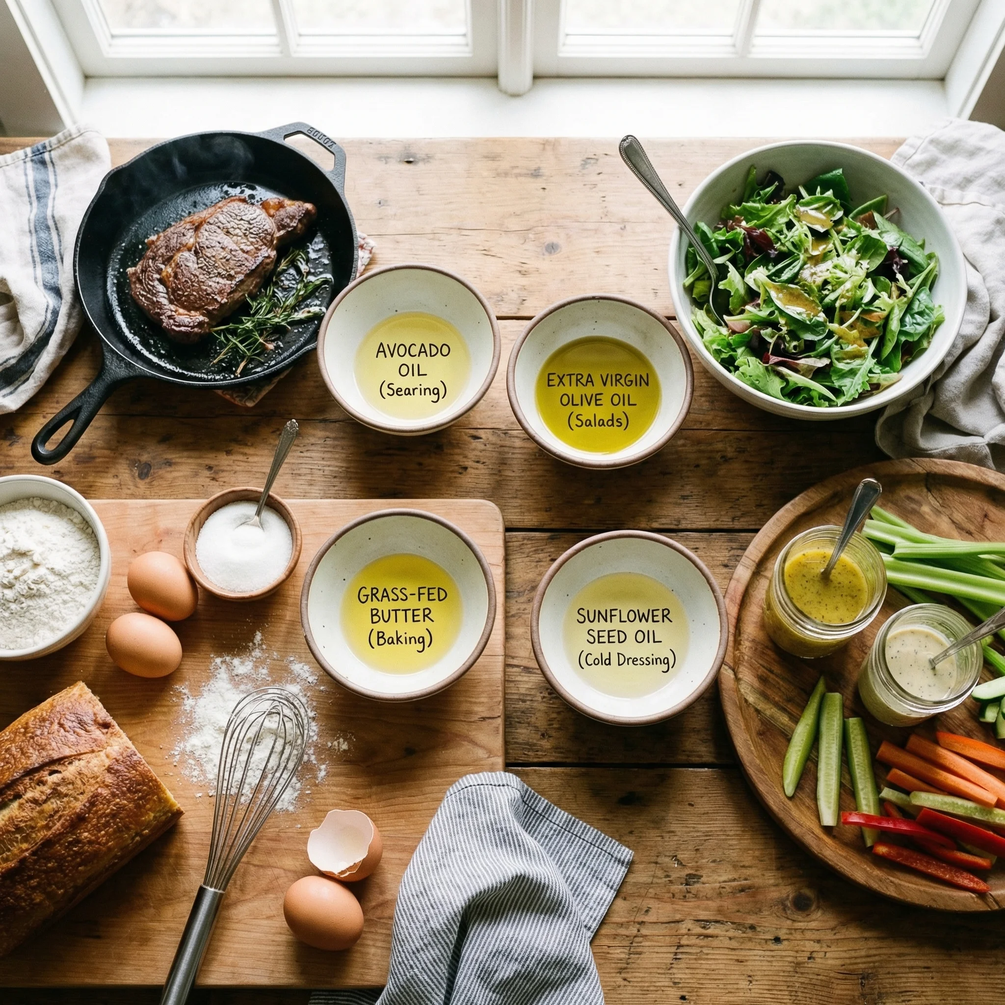 Visual guide showing best cooking applications for different types of oils organized by heat tolerance