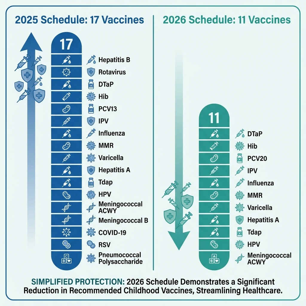 Infographic comparing the 2025 and 2026 U.S. childhood vaccine schedules showing the reduction from 17 to 11 universally recommended vaccines