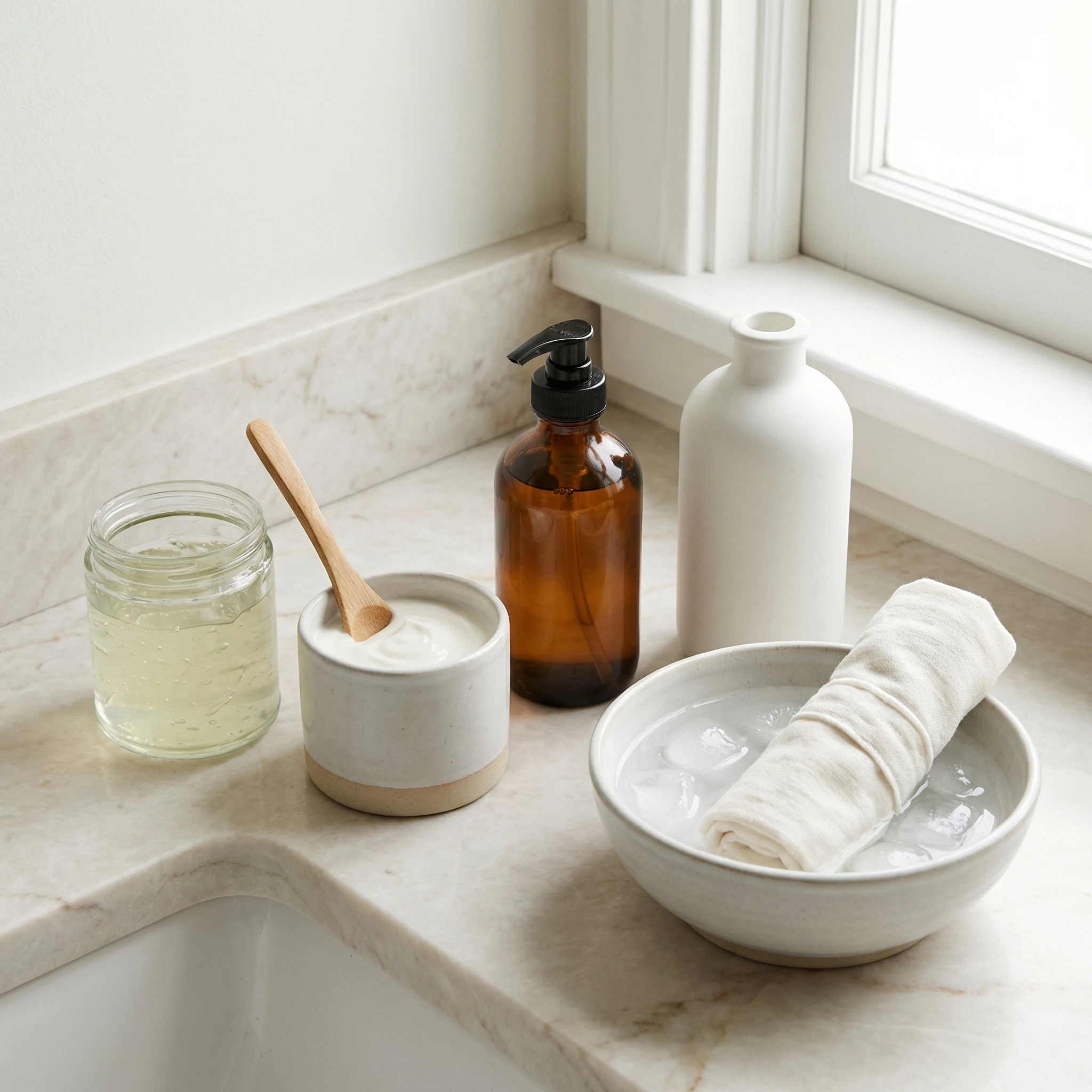 After-sun care setup with cool compress bowl, aloe gel, gentle moisturizer, and fragrance-free skin products on a bathroom counter