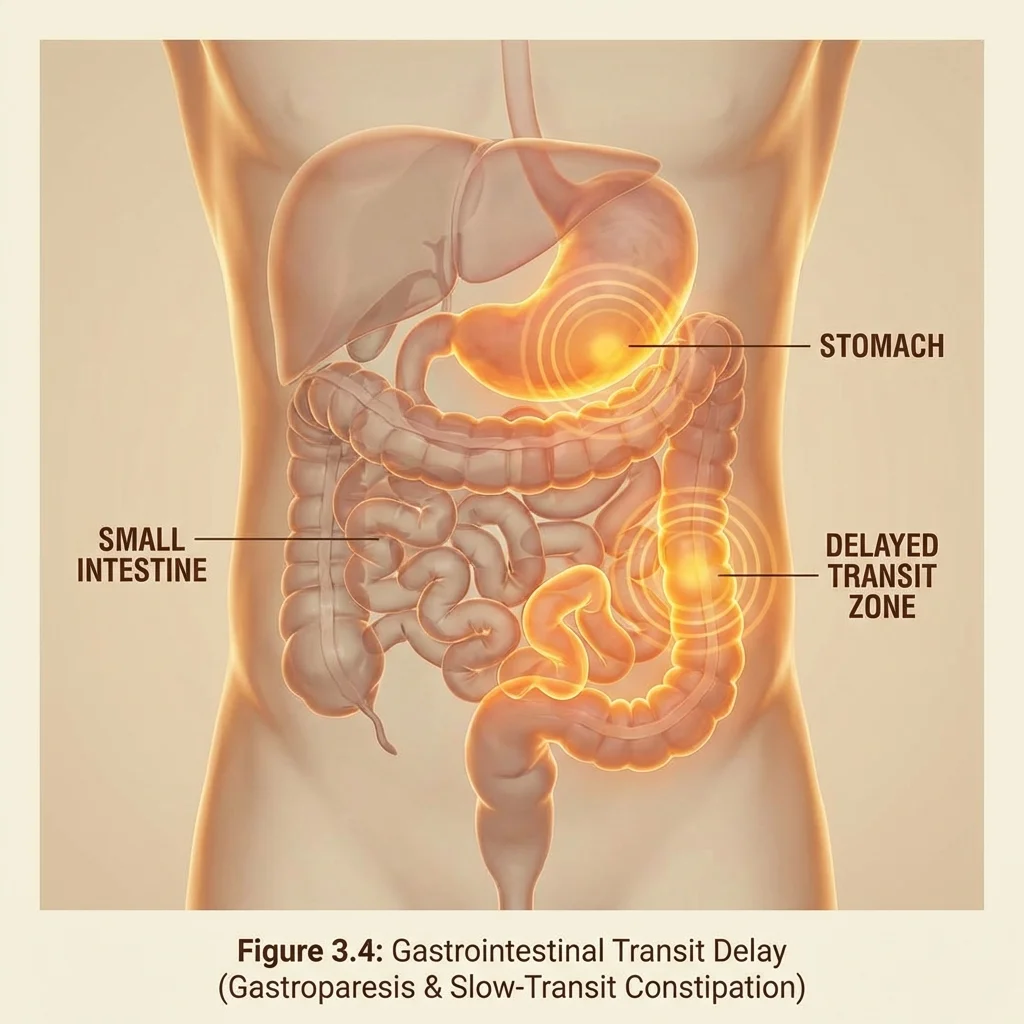 Medical illustration of the digestive system highlighting areas affected by delayed gastric emptying