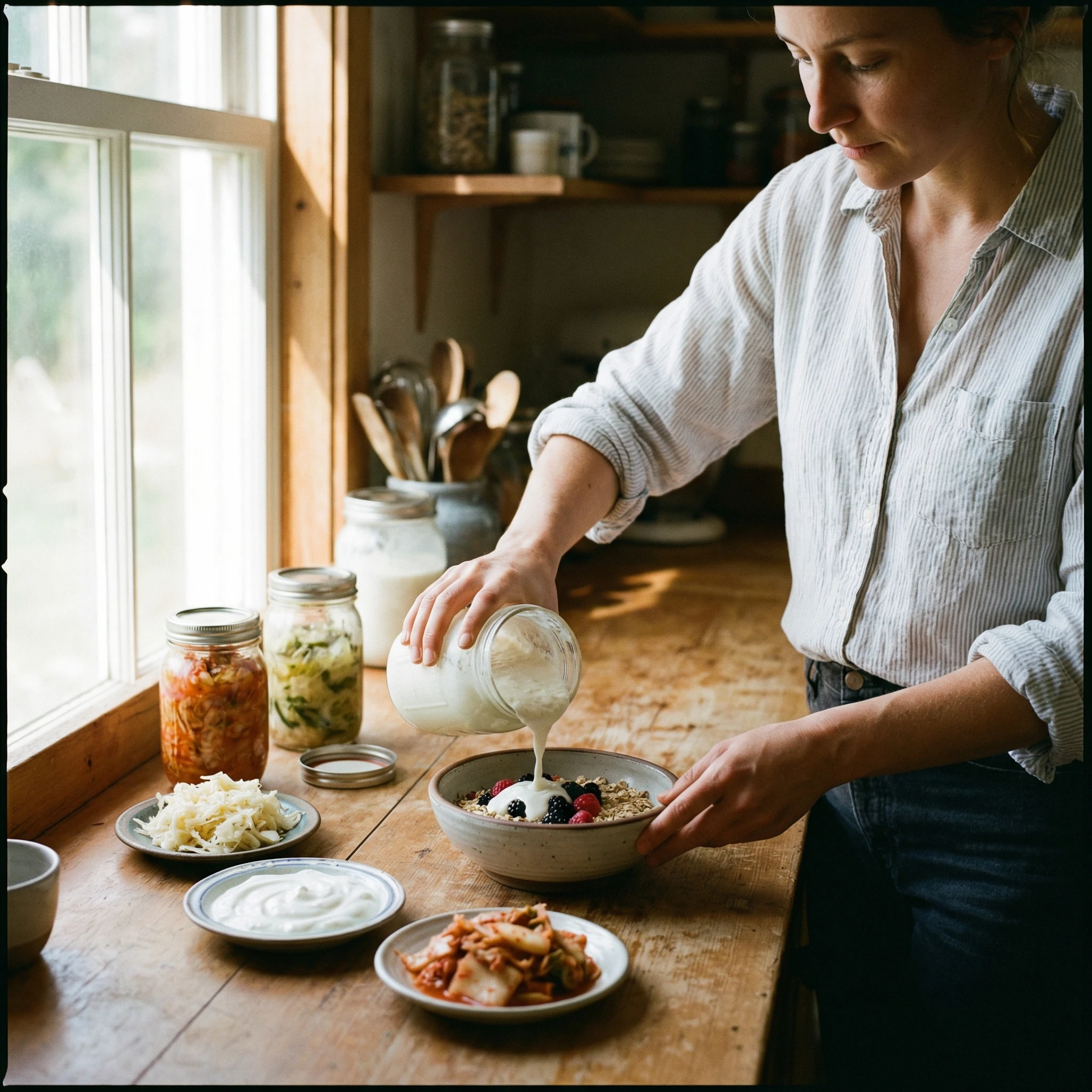 Adult preparing a probiotic breakfast bowl with kefir, yogurt, berries, and fermented side dishes in a bright kitchen