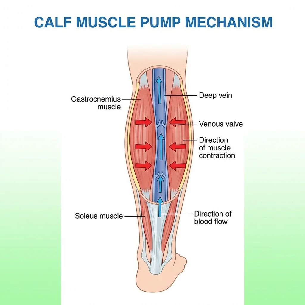 Anatomical cross-section showing calf muscles compressing deep leg veins with directional blood flow arrows