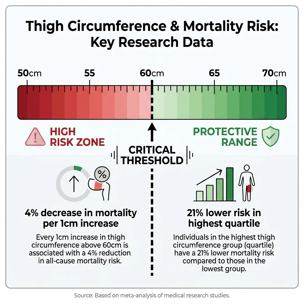 Infographic showing thigh circumference measurements and corresponding mortality risk reduction percentages