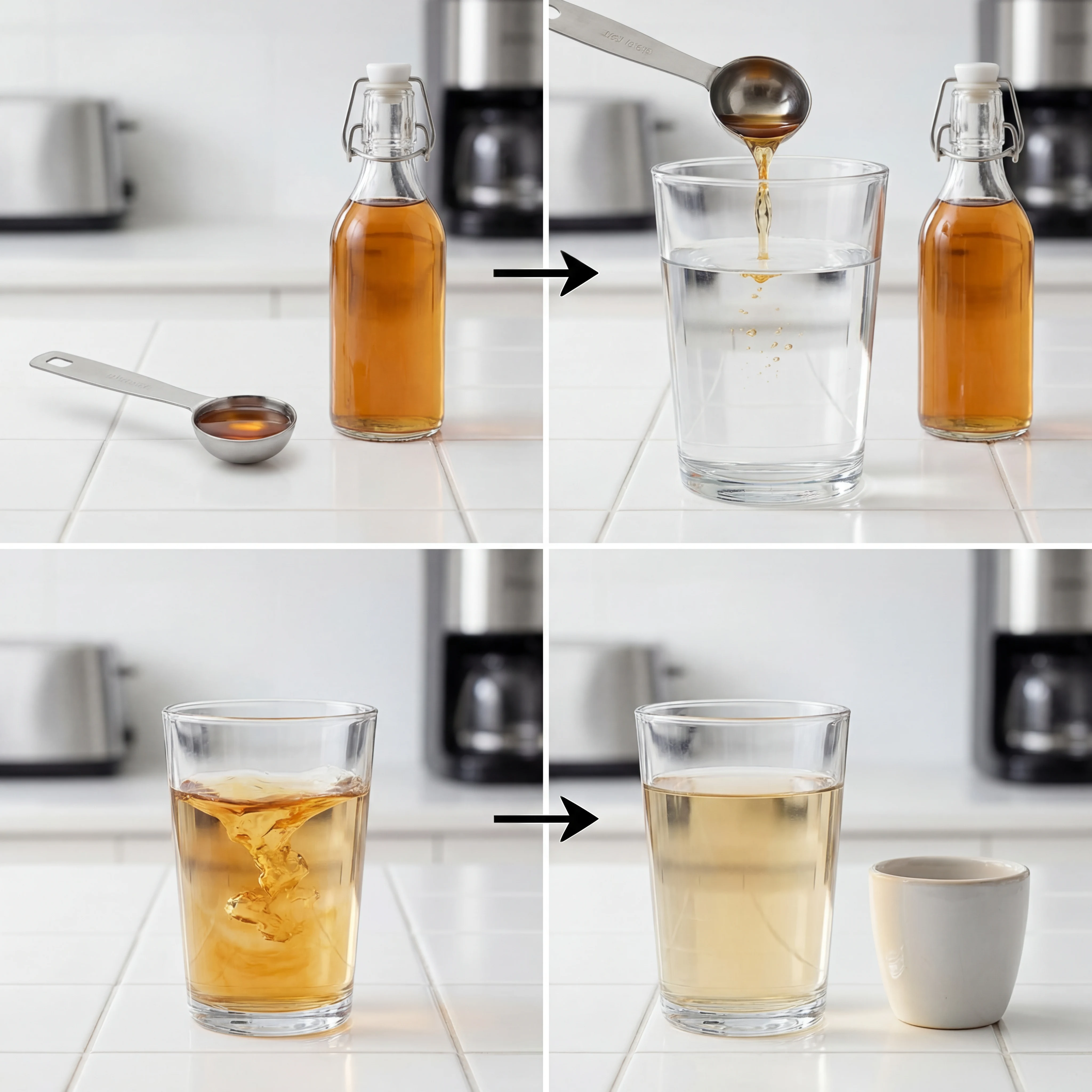 Step-by-step visual guide showing one tablespoon vinegar measured into a large glass of water with safety reminders
