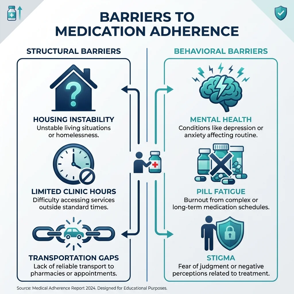 Infographic illustrating structural and behavioral barriers to daily HIV medication adherence