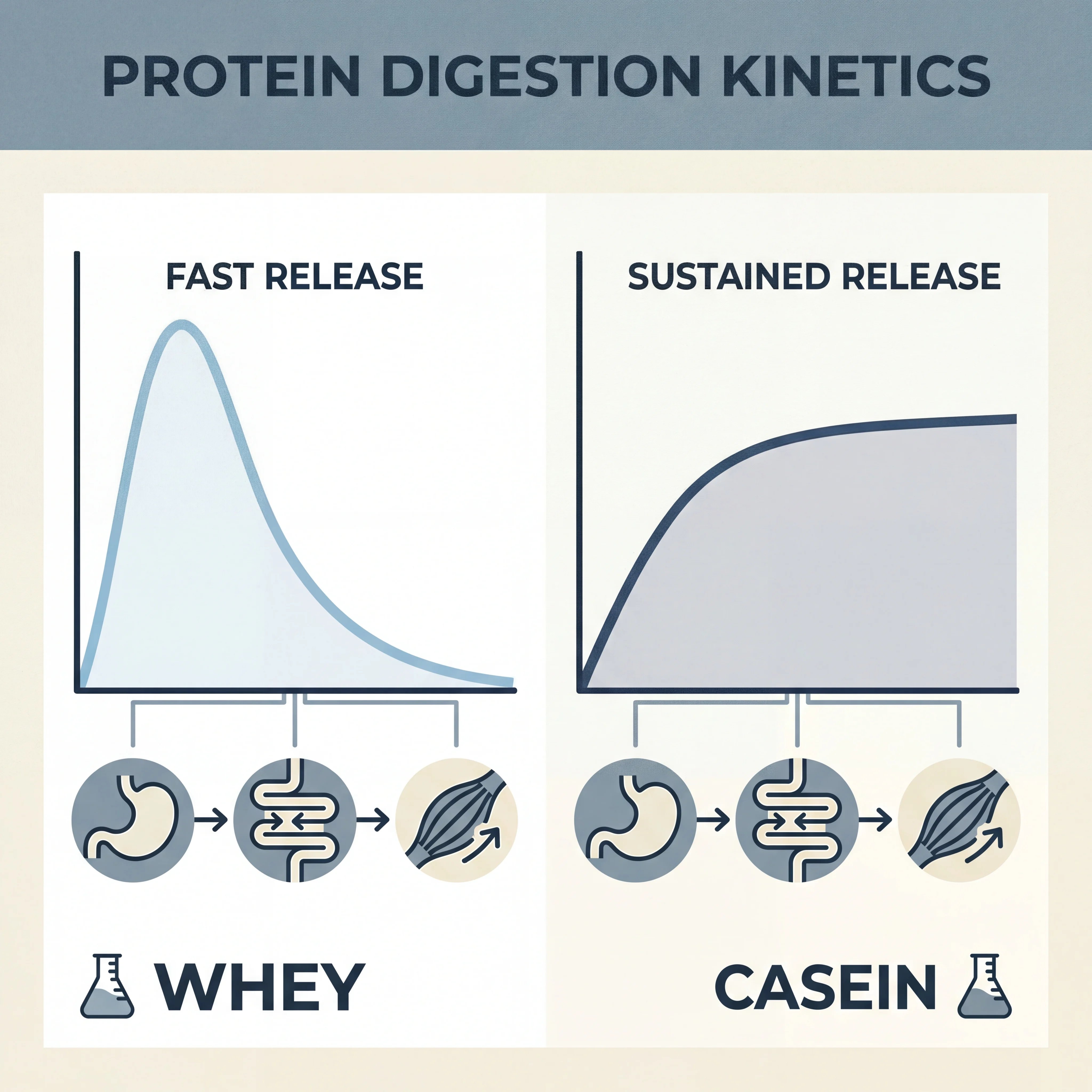 Infographic showing whey with a fast amino acid rise and casein with a slower sustained release curve across several hours