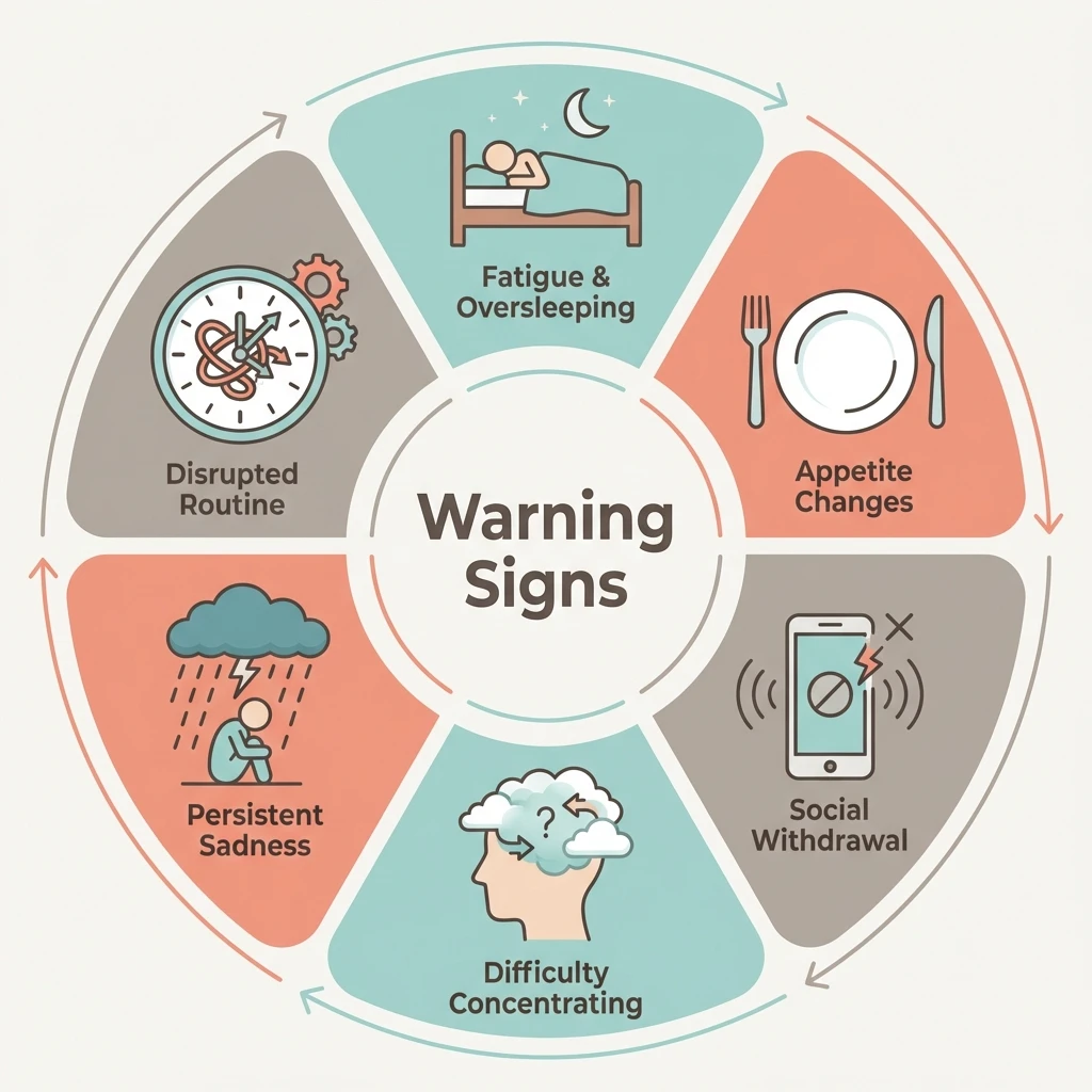 Illustrated infographic showing common warning signs of clinical depression including persistent sadness, fatigue, appetite changes, and sleep disruption