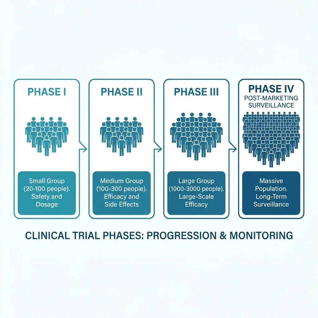 Diagram showing the four phases of vaccine clinical trials from preclinical to post-marketing