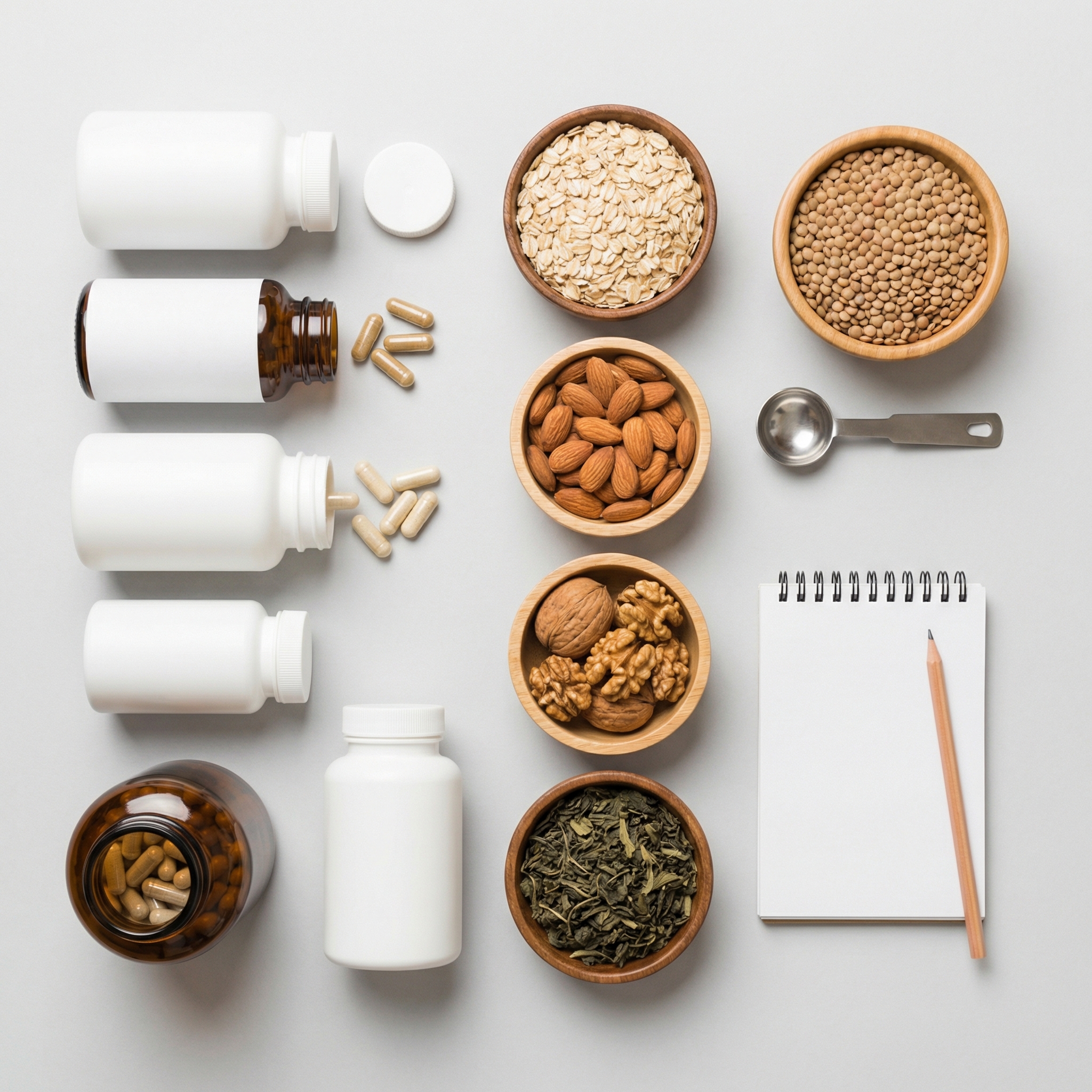 Top-down view of whole foods, tea leaves, and supplement capsules arranged to illustrate nutrition-first weight management