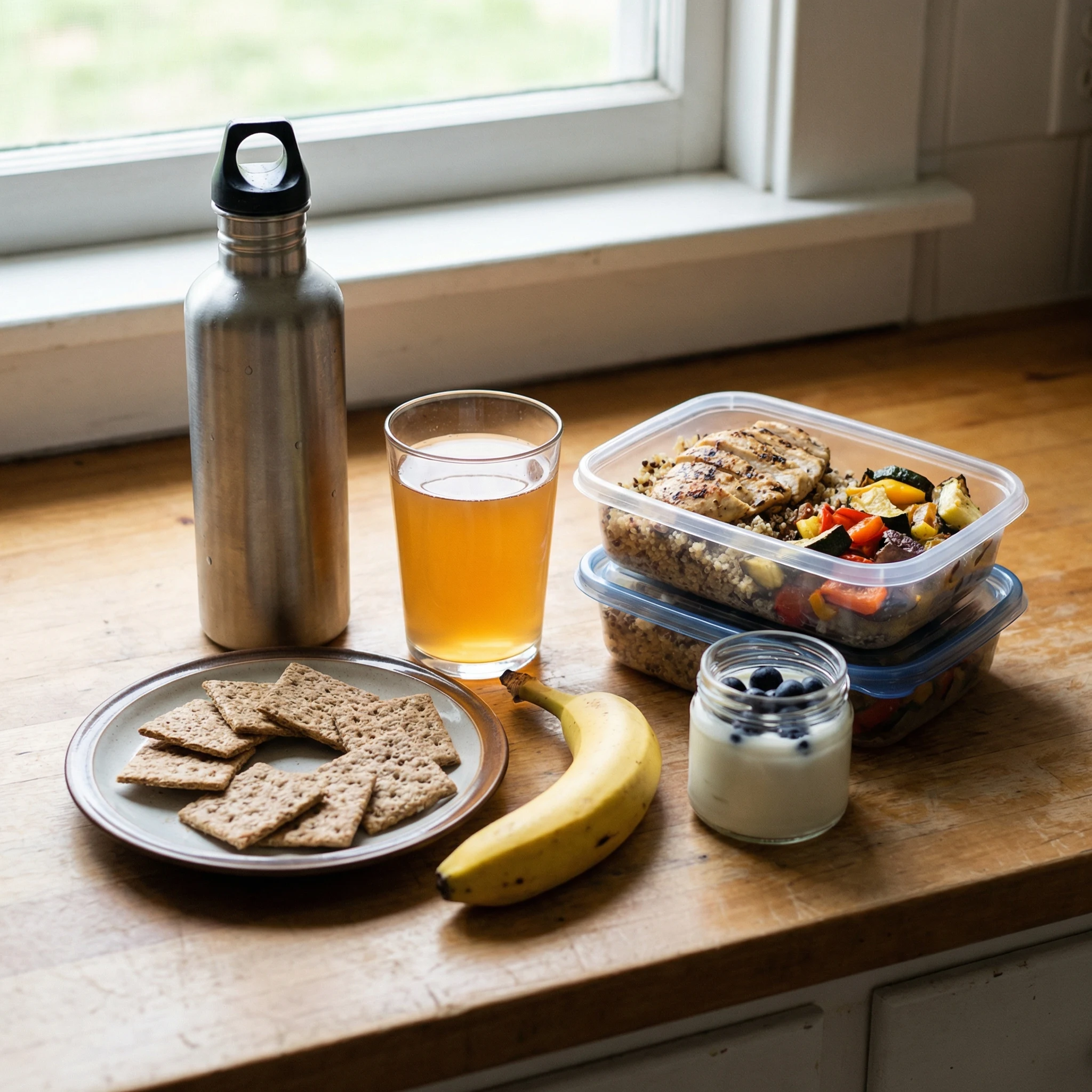 Hydration and balanced recovery foods arranged on a countertop including water, yogurt, fruit, and prepared meals.