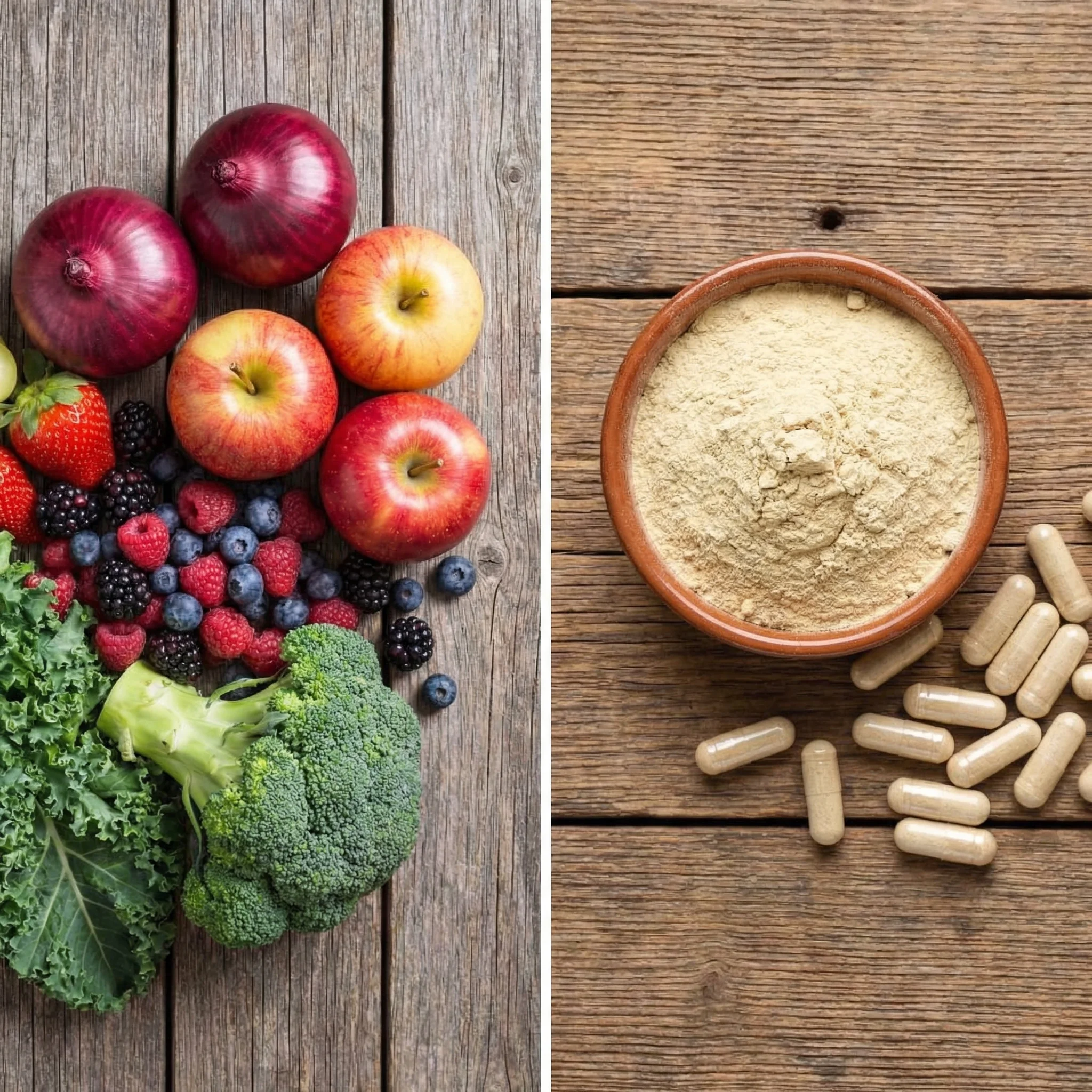 Visual dosage comparison chart showing quercetin amounts from food sources versus supplement capsules