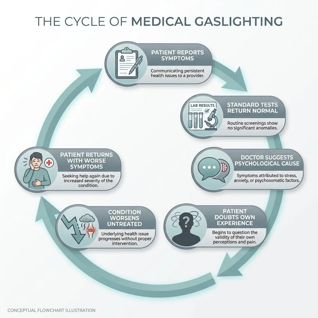 Flowchart illustrating the cycle of medical gaslighting from initial symptoms through repeated dismissal to delayed diagnosis