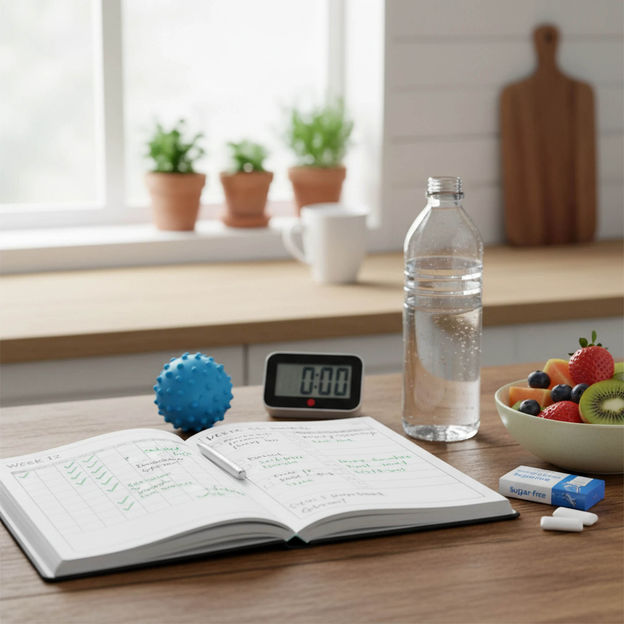 Quit-smoking journal, water bottle, and healthy snack setup for a structured 12-week cessation plan
