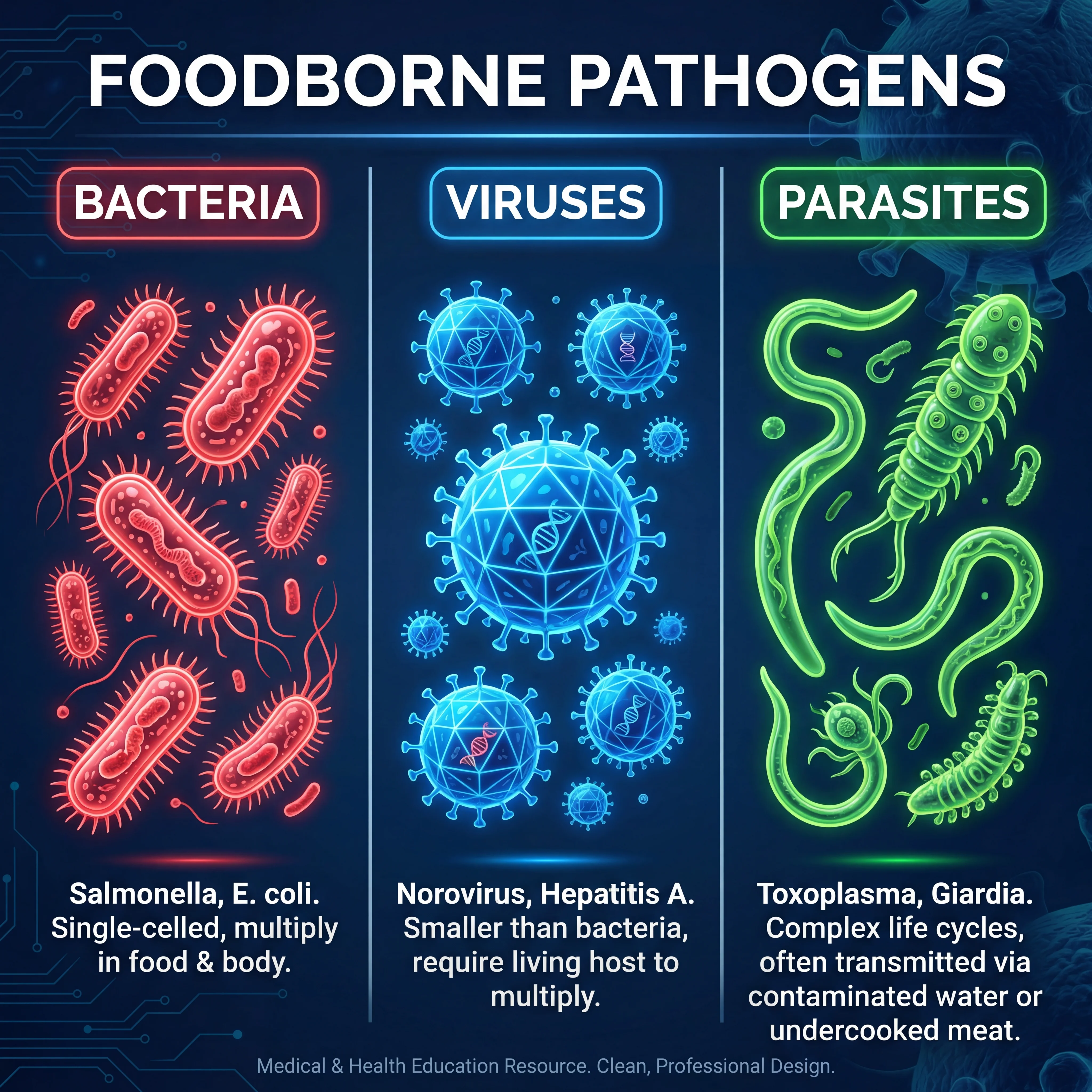 Illustrated comparison of three categories of foodborne pathogens showing bacteria, viruses, and parasites with labeled examples