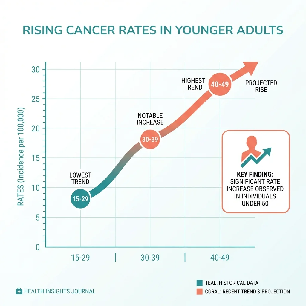 Infographic showing rising cancer incidence rates among adults under fifty with bar chart comparisons by cancer type