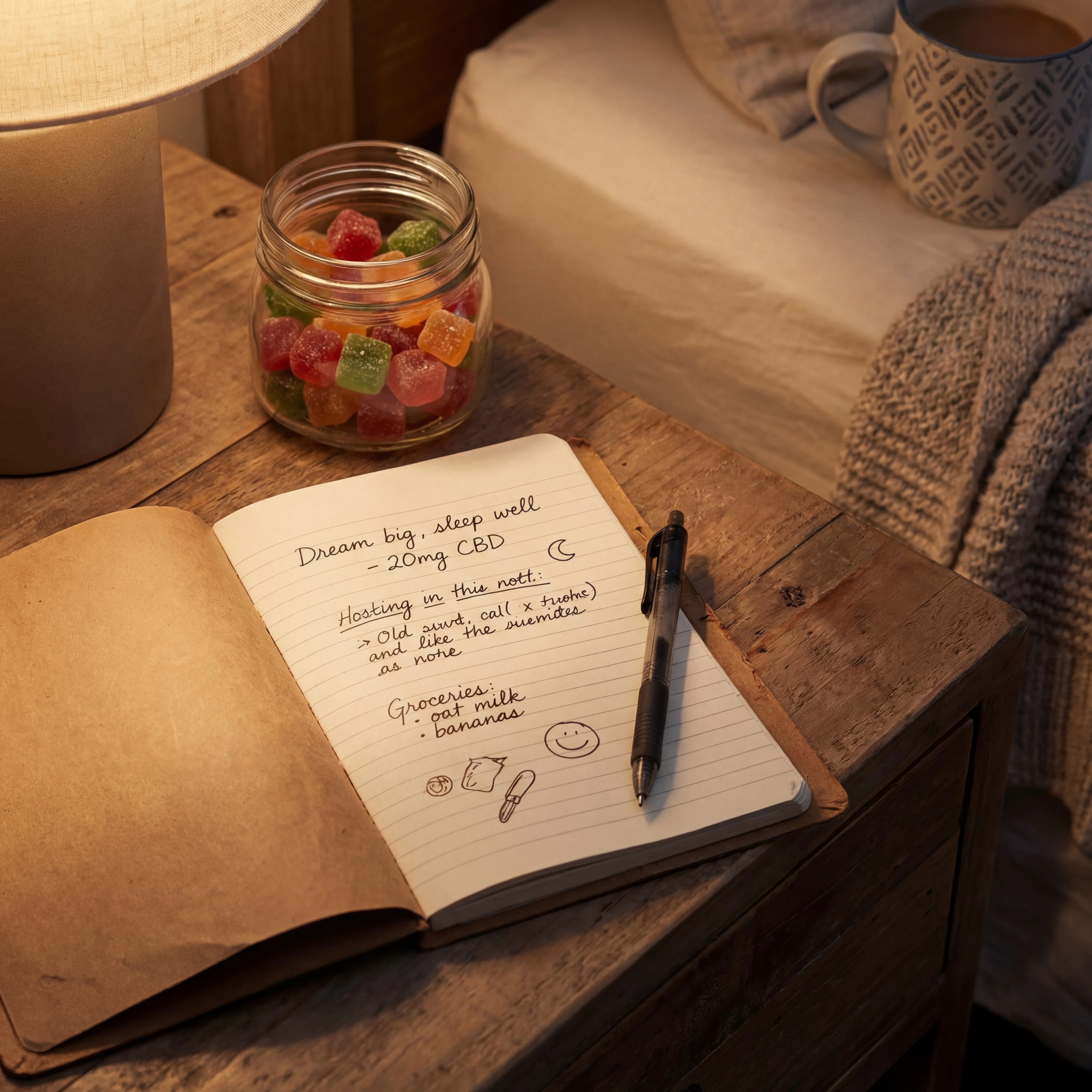 A small notebook and pen next to a jar of CBD gummies on a bedside table representing daily symptom tracking