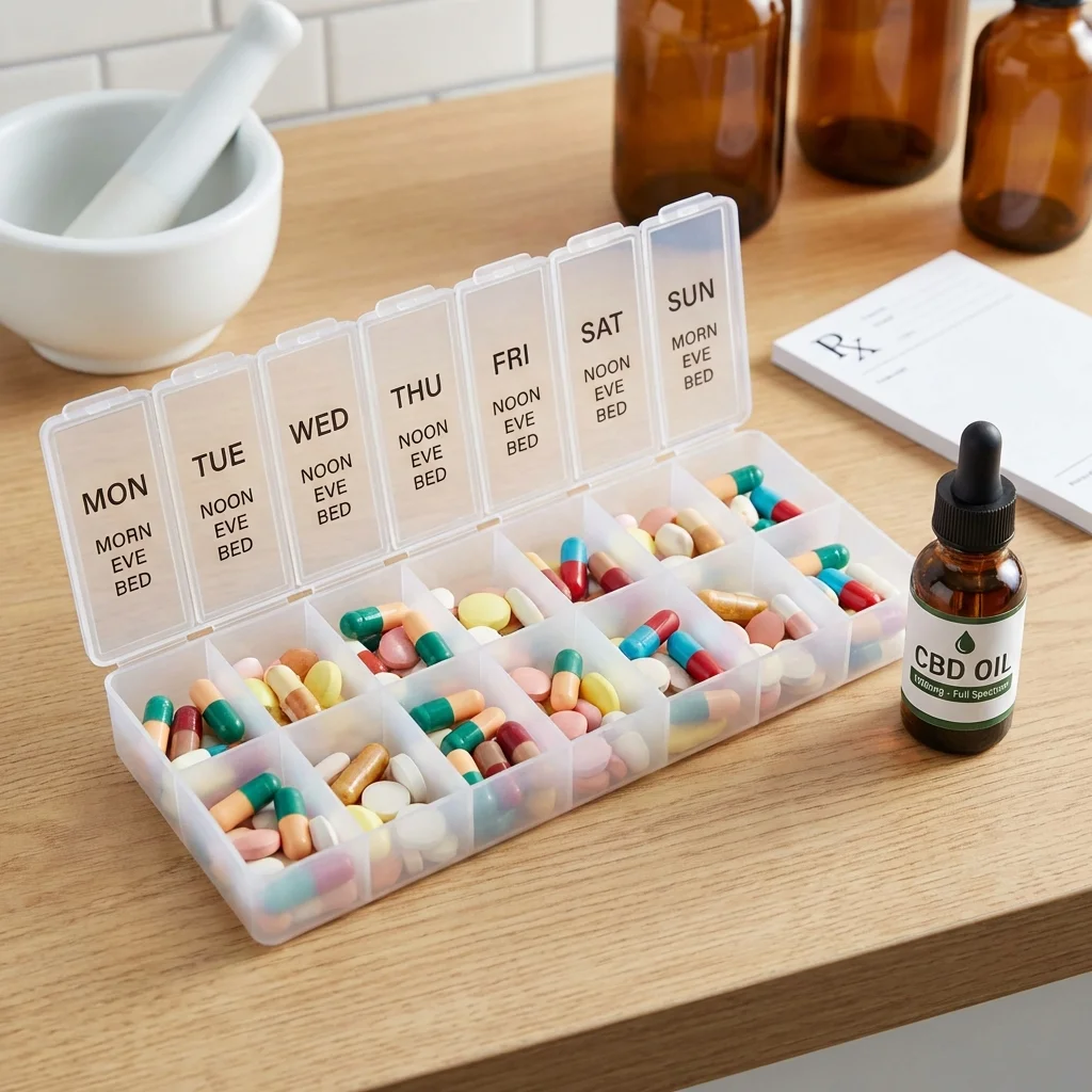 Weekly pill organizer with prescription medications beside a CBD oil bottle on a wooden table