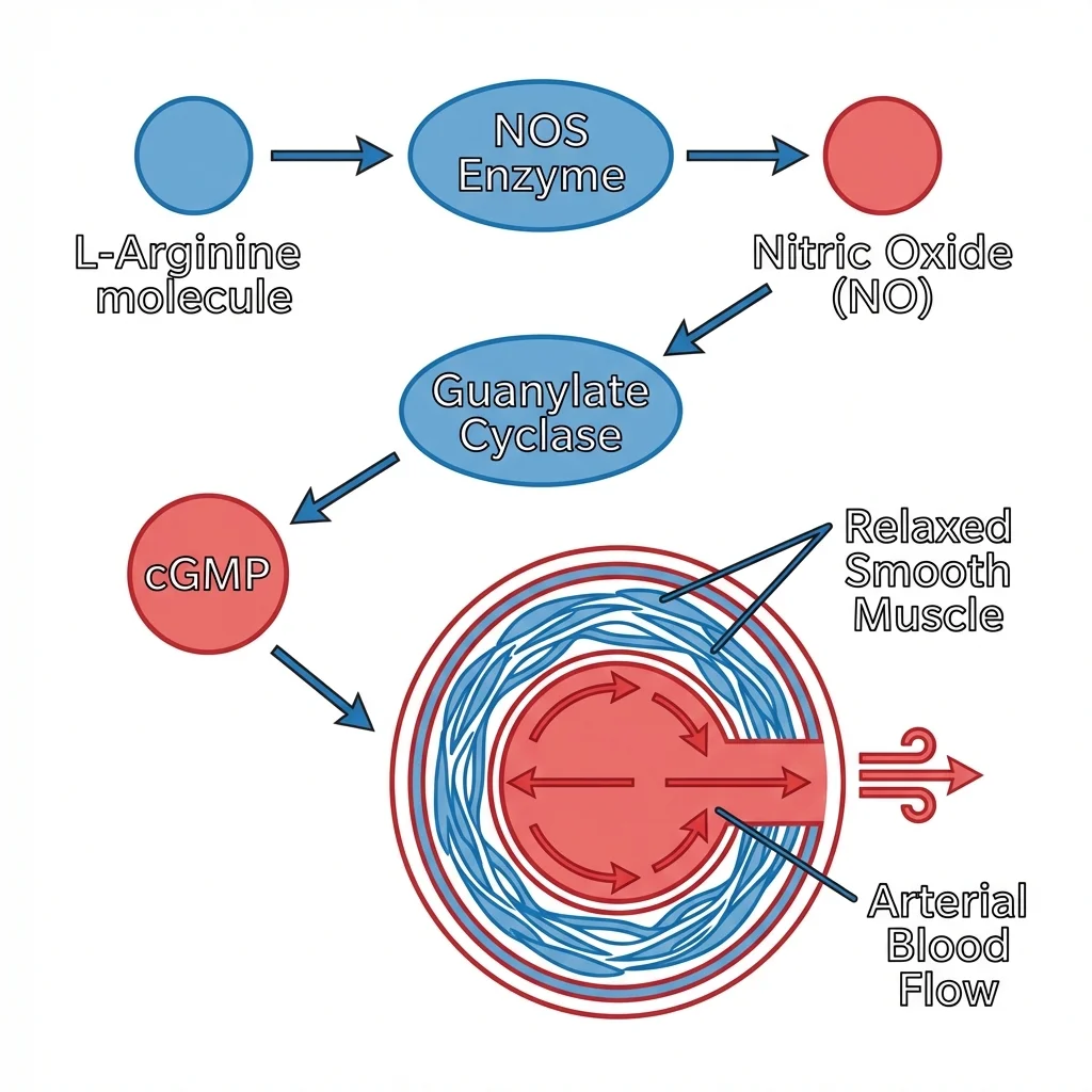 Diagram showing the nitric oxide pathway from L-arginine to smooth muscle relaxation in blood vessels