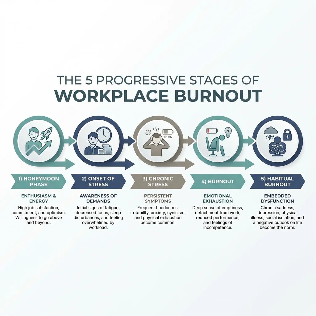 Infographic showing the five progressive stages of workplace burnout from initial enthusiasm to chronic burnout
