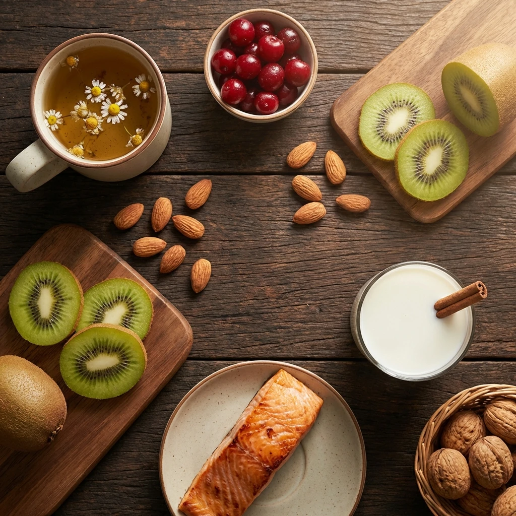 Overhead view of sleep-promoting foods including chamomile tea, tart cherries, almonds, kiwi, and salmon on a dark wooden table