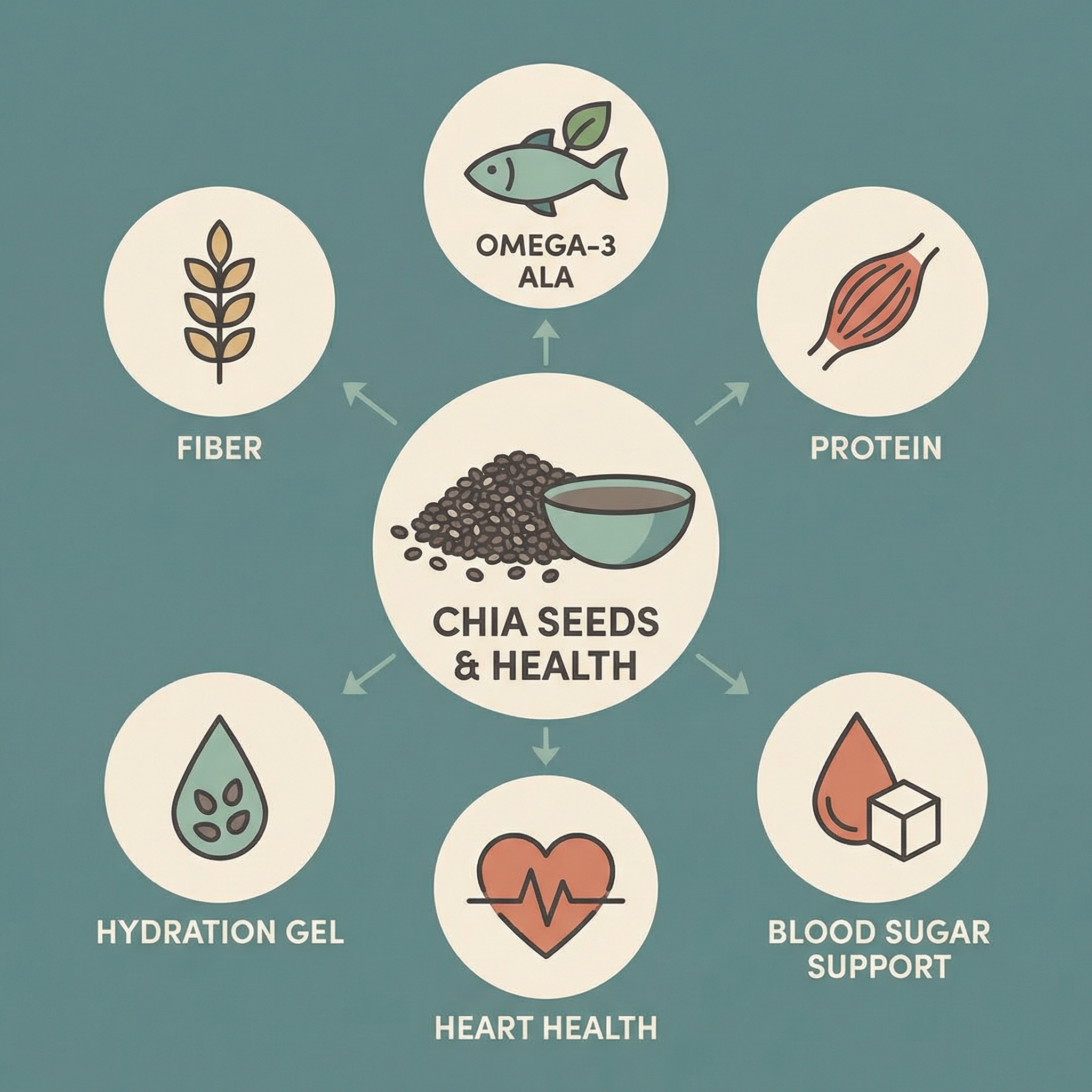 Infographic-style diagram summarizing chia seed fiber, omega-3 ALA, protein, hydration, blood sugar, and heart-health themes.