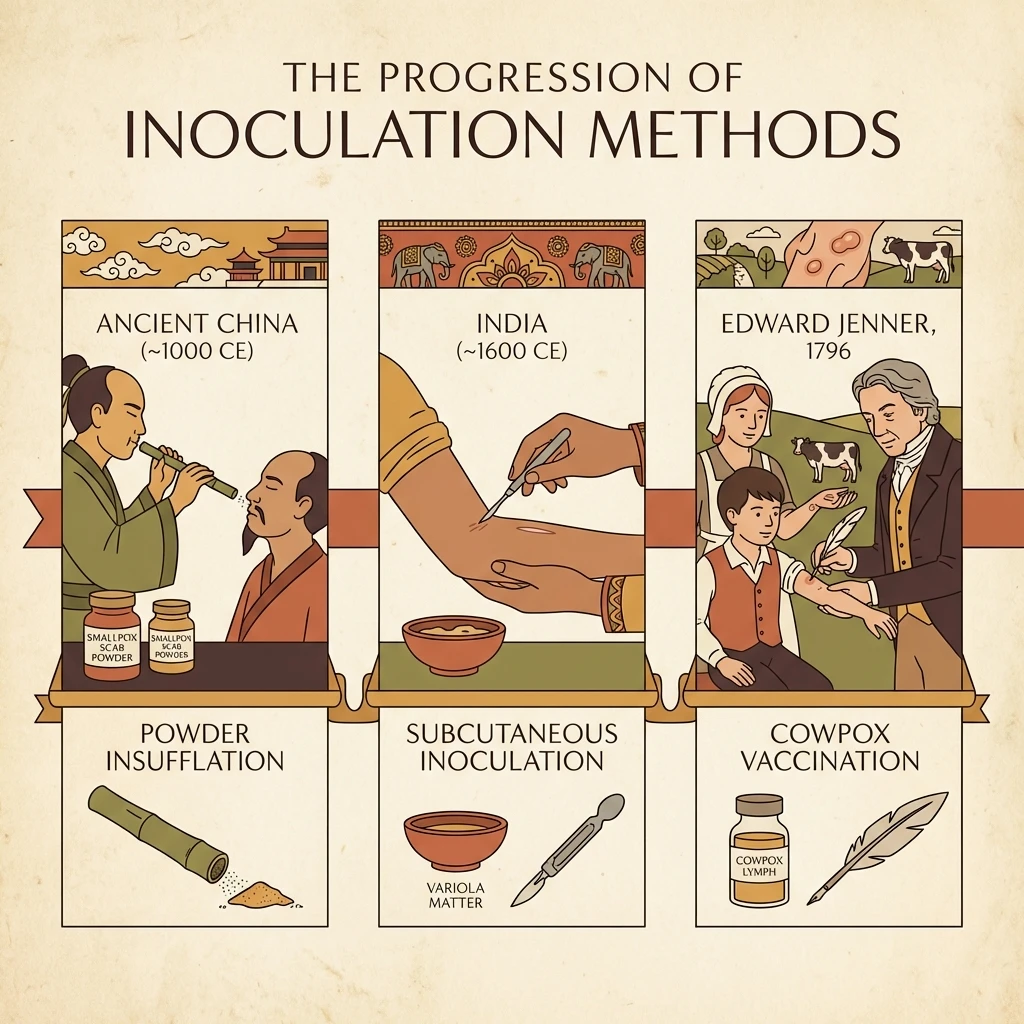 Illustrated timeline showing variolation practices in ancient China and India transitioning to Jenner's cowpox inoculation in 1796