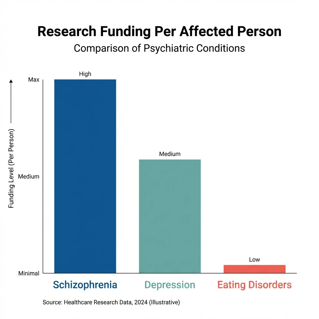 Infographic comparing research funding per affected person across psychiatric conditions showing eating disorders receiving the least