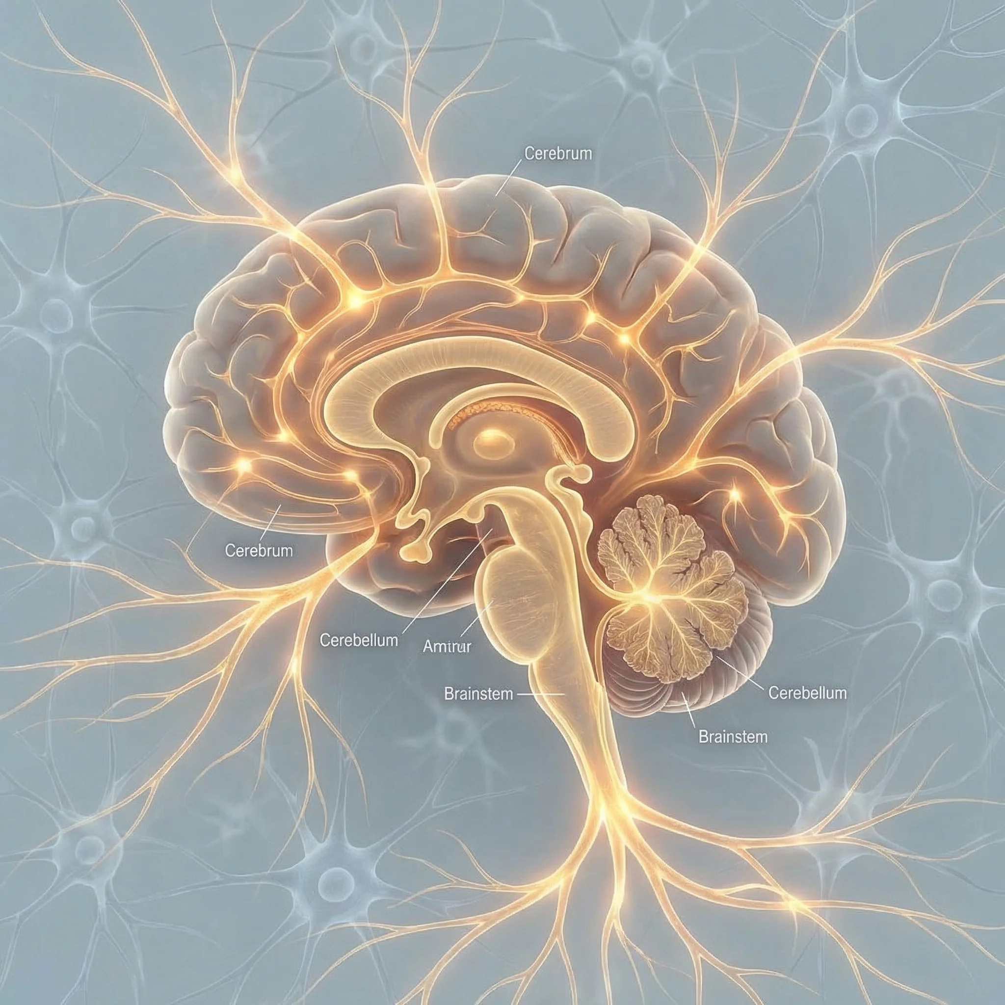 Microscopic view of neural pathways with branching nerve fibers and synaptic connections