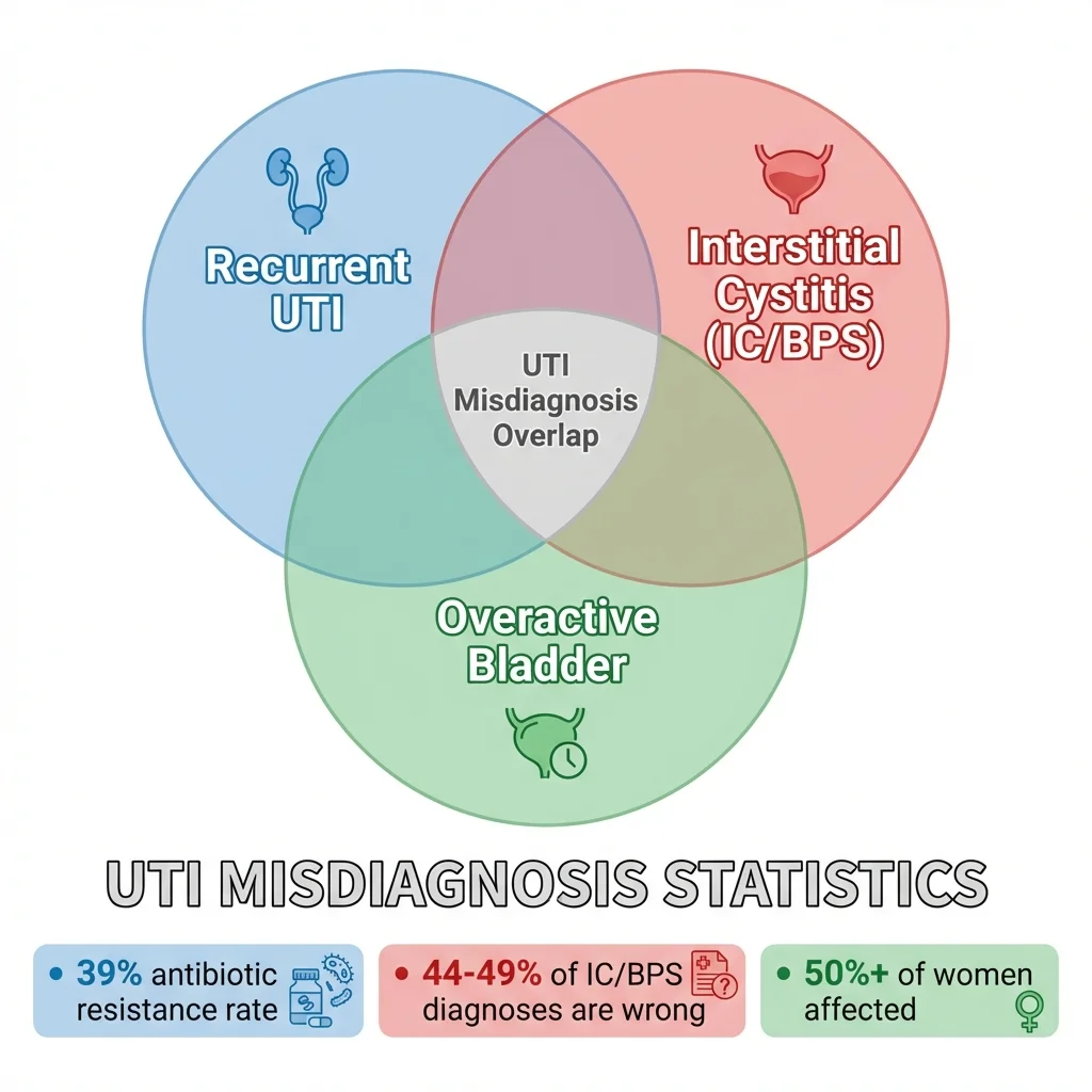 Infographic showing diagnostic overlap between recurrent UTI, interstitial cystitis, and overactive bladder with misdiagnosis statistics