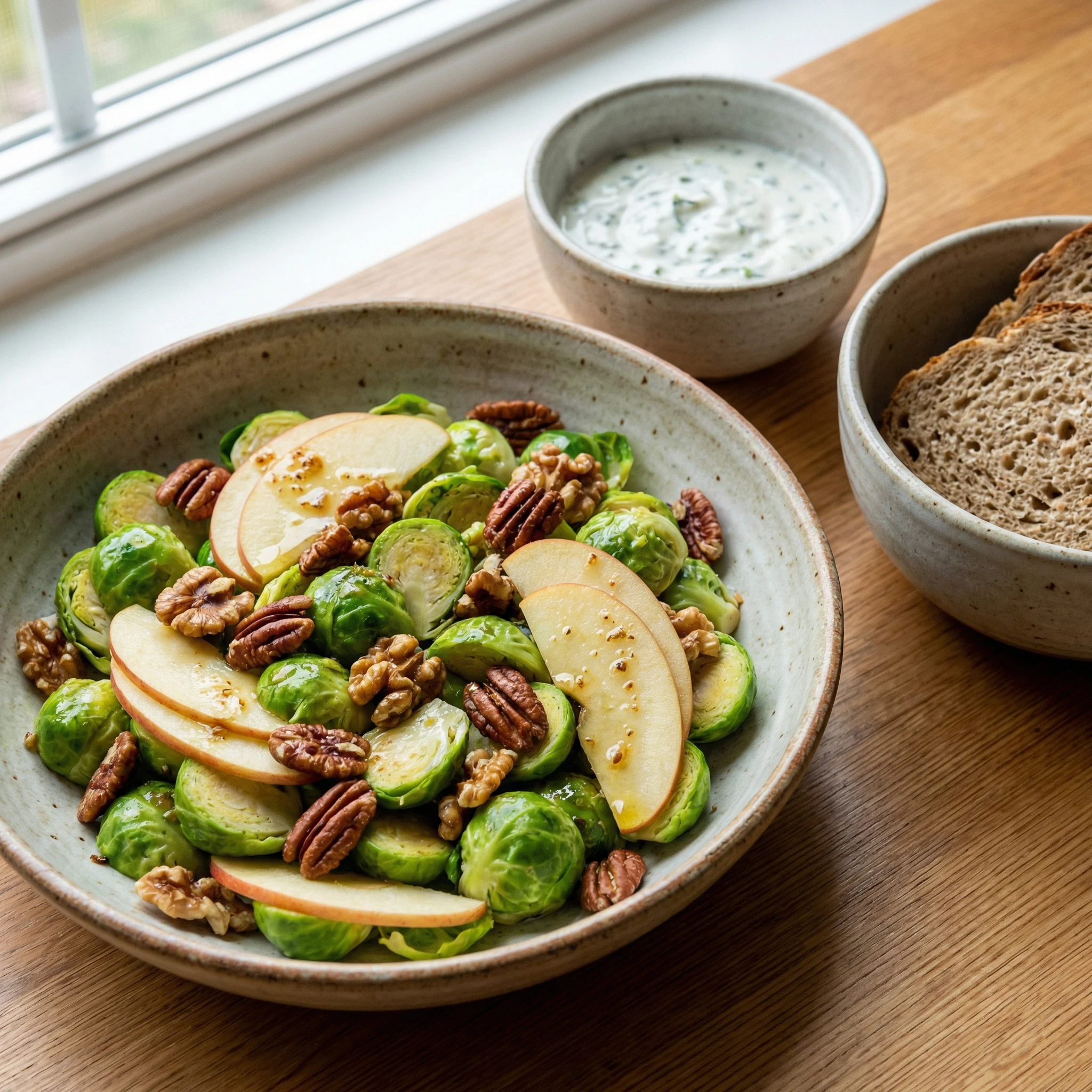 Brussels sprouts salad with apple slices, toasted nuts, and vinaigrette served with whole-grain bread