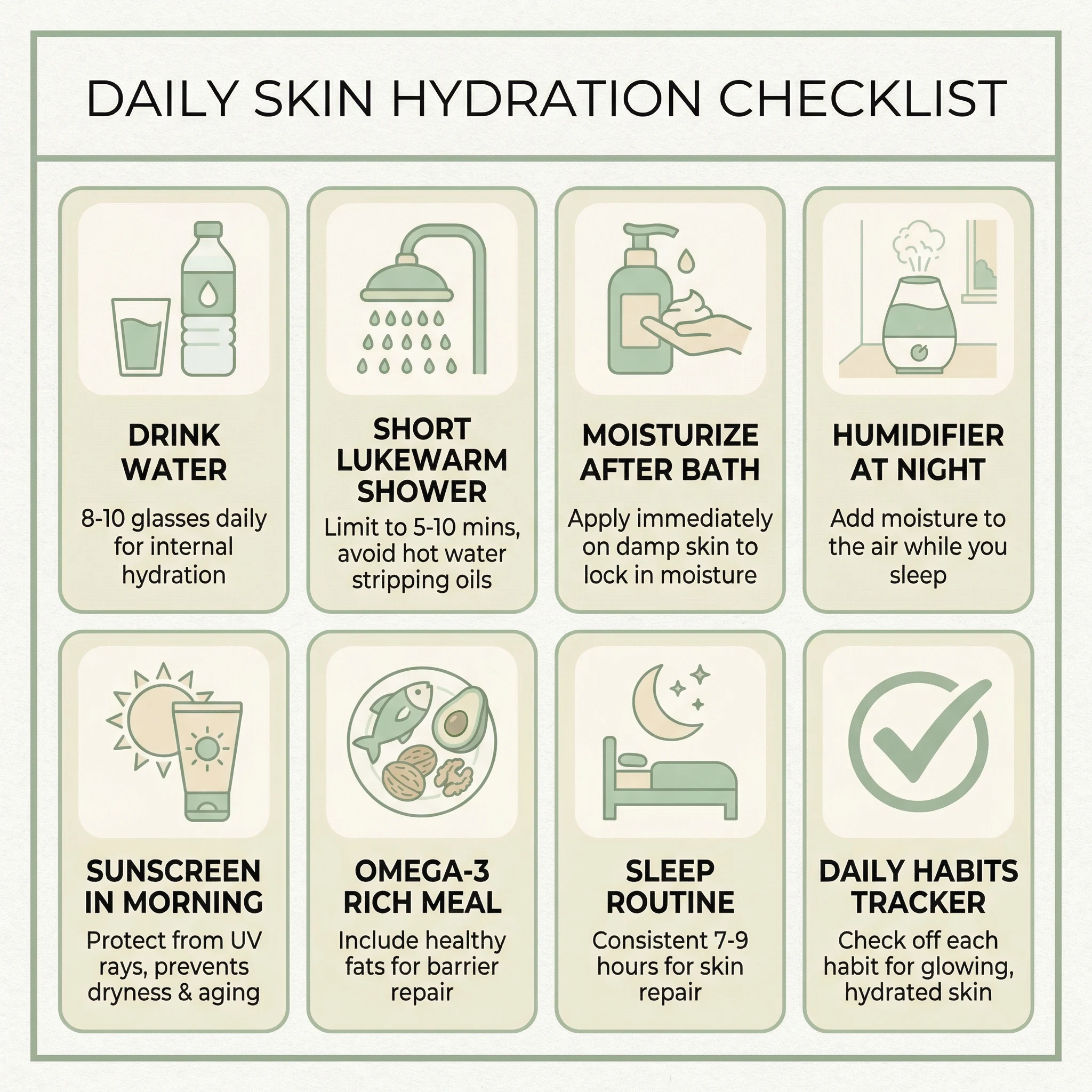 Daily checklist with hydration habits including water intake, shorter showers, moisturizer, humidifier, sunscreen, omega-3 meals, and sleep routine
