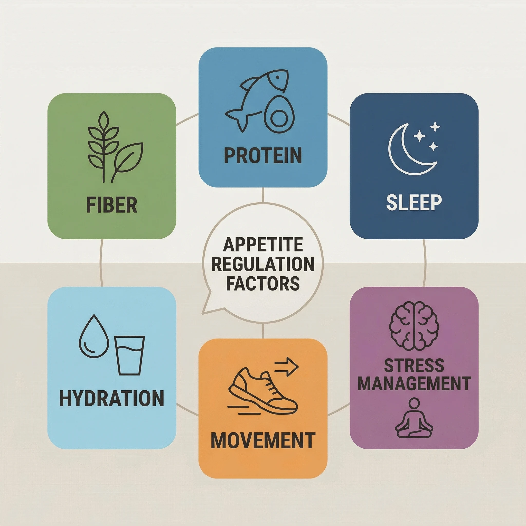 Infographic showing appetite regulation pillars including fiber, protein, sleep, hydration, movement, and stress control