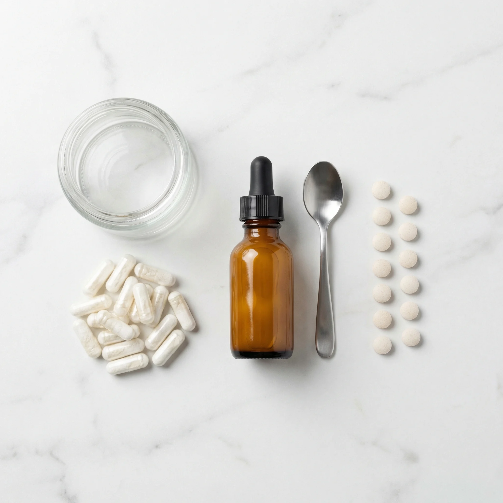 Side-by-side comparison of different glutathione supplement forms including capsules, liposomal liquid, and sublingual tablets on a clean white surface
