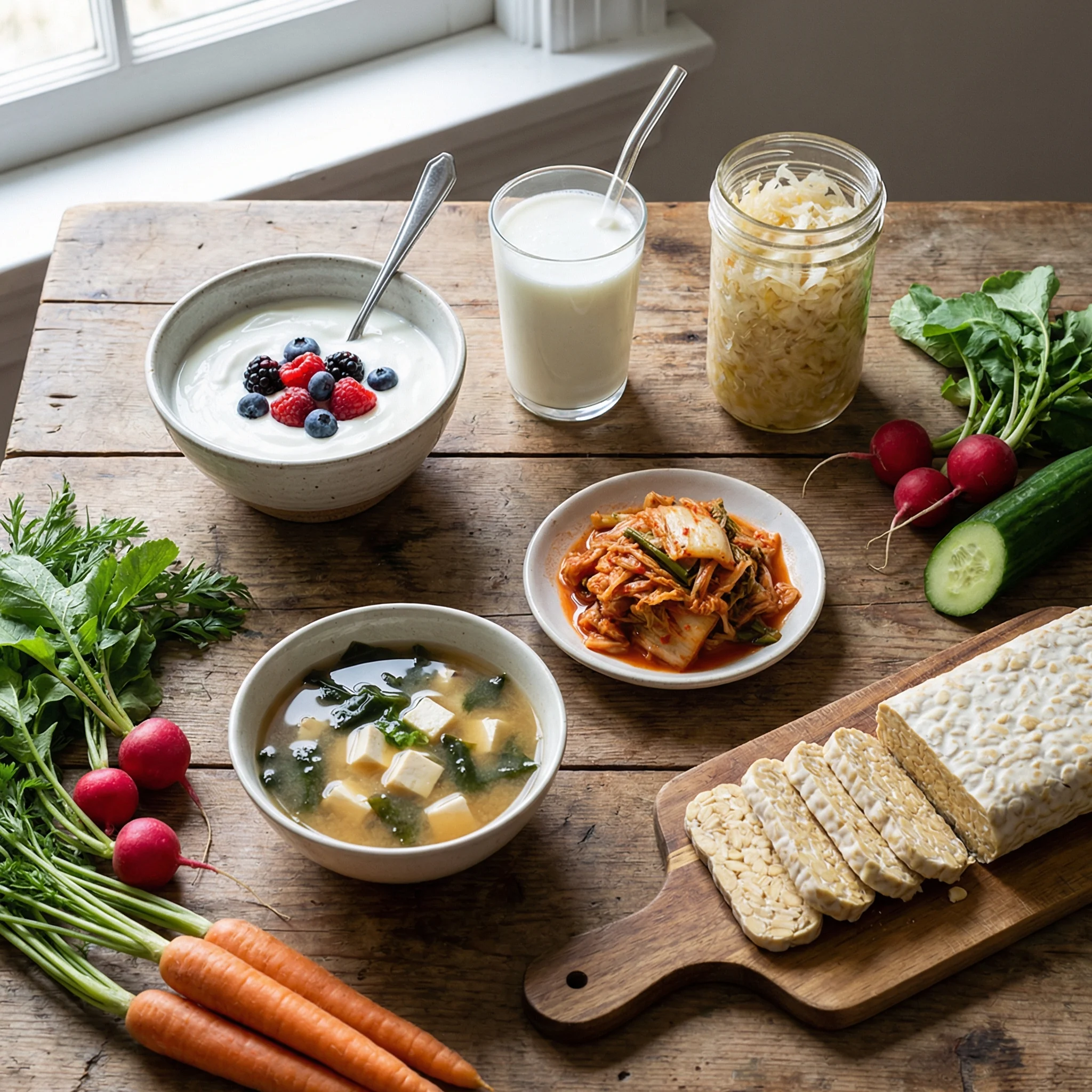 Overhead view of probiotic foods including yogurt, kefir, kimchi, sauerkraut, tempeh, and vegetables on a wooden table