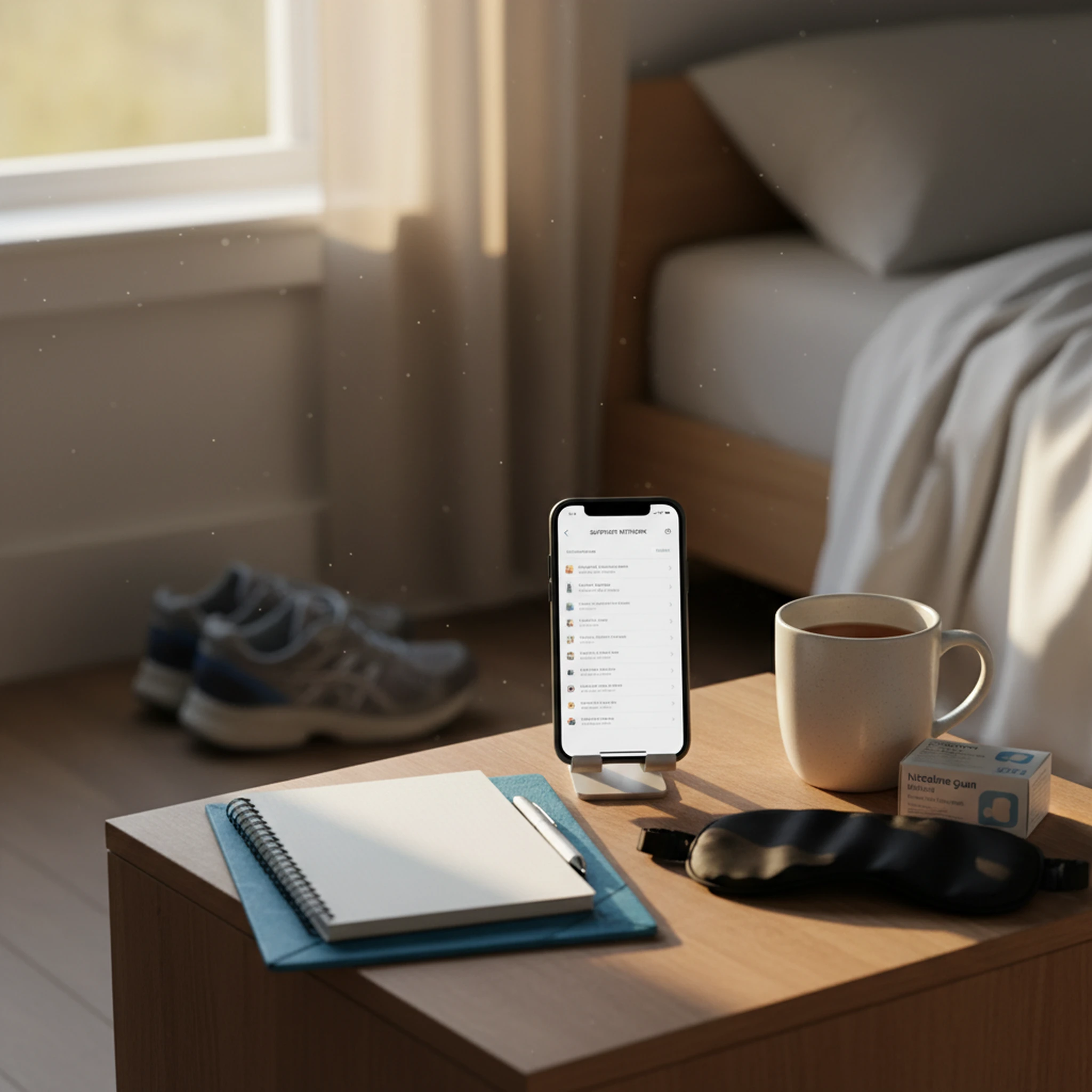 Relapse-prevention evening setup with support contacts, journal, tea, and nicotine replacement products