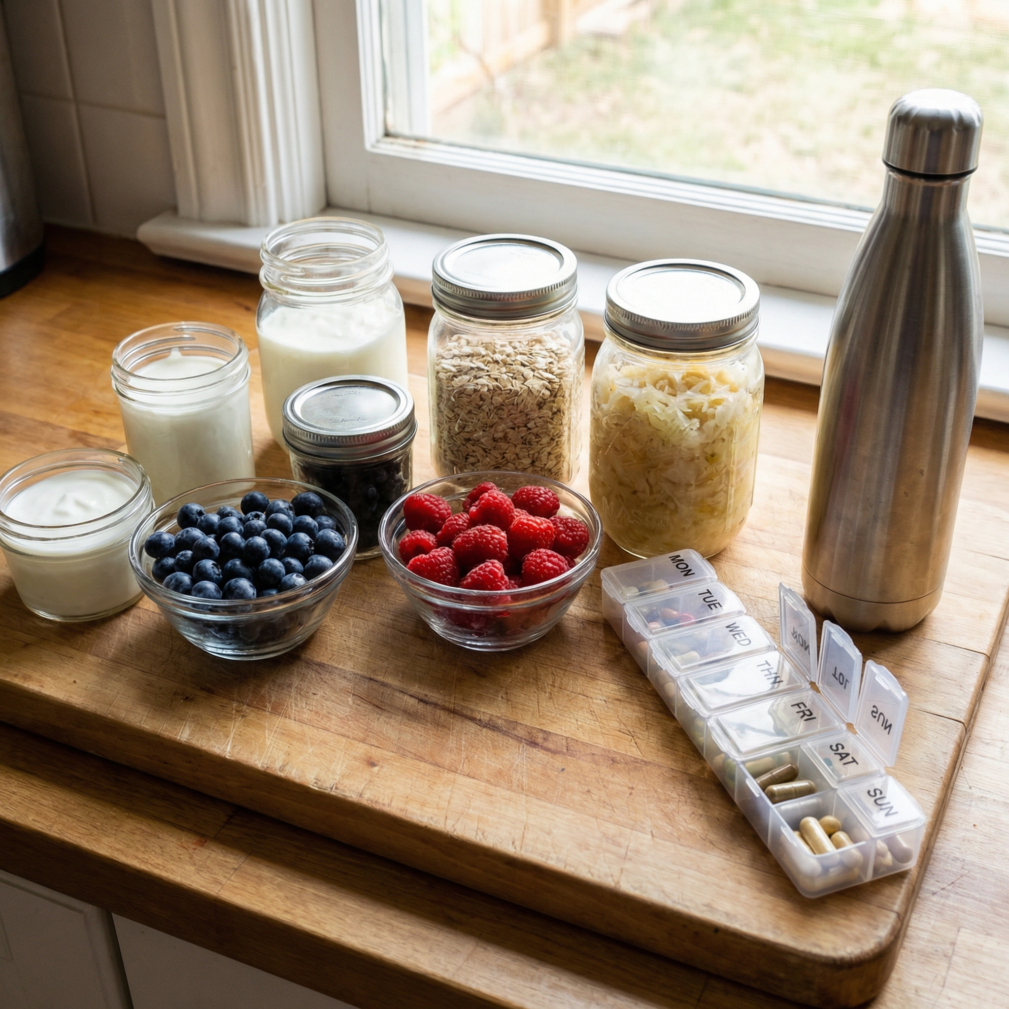 Probiotic-friendly breakfast setup with yogurt, berries, fermented vegetables, and a weekly supplement organizer.