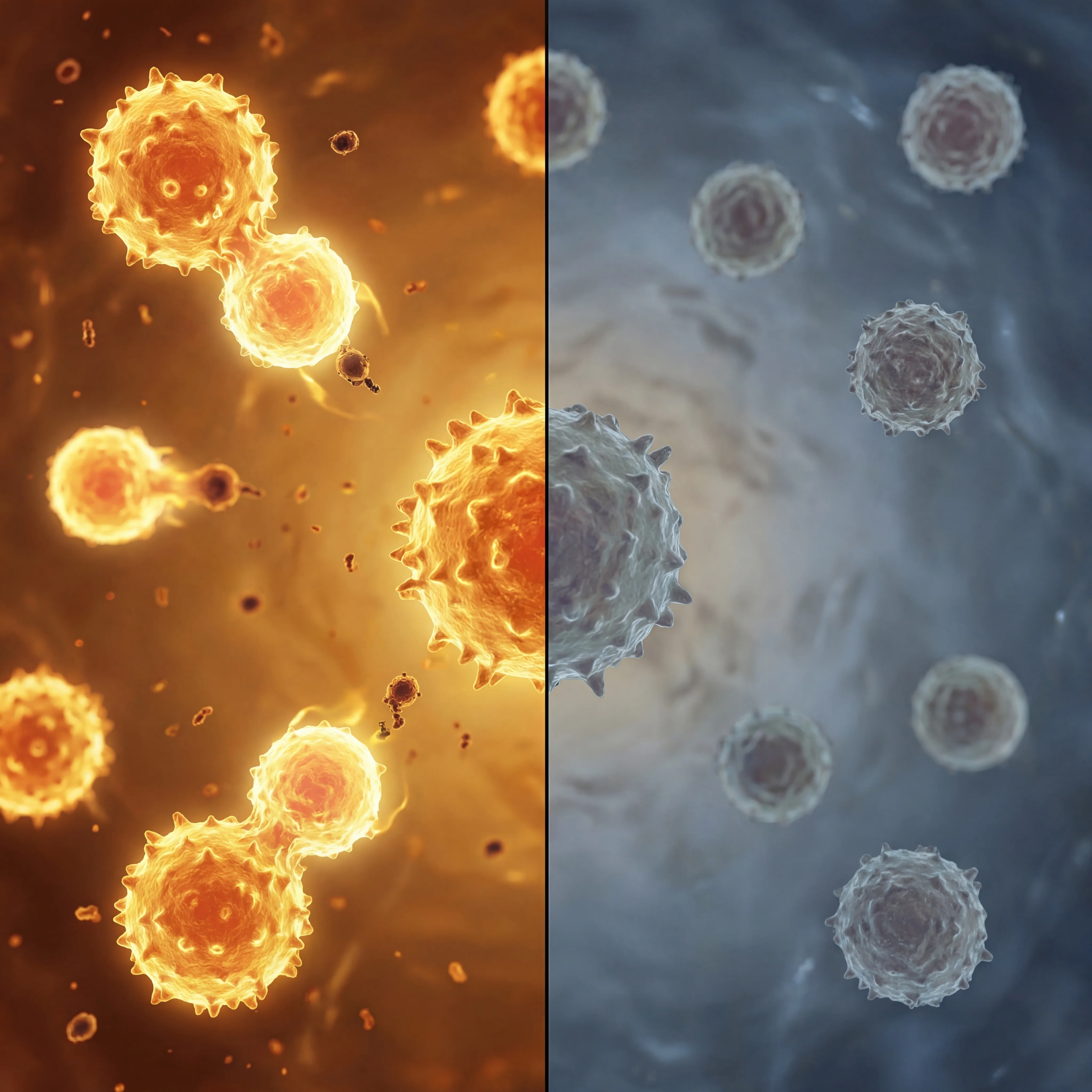 Split comparison showing healthy immune cell response on one side versus suppressed immune cells under chronic stress on the other
