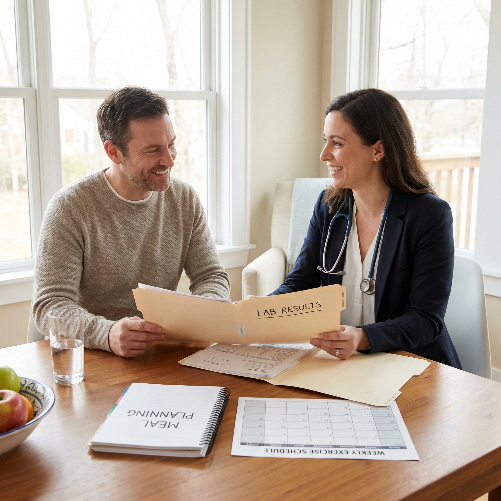 Clinician and patient discussing a personalized weight-management strategy with meal, activity, and lab review notes