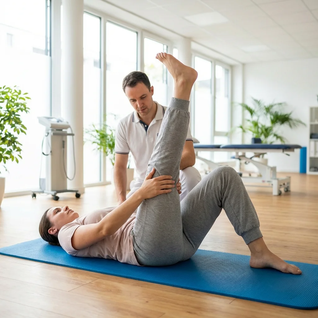 Person performing a supine sciatic nerve flossing exercise holding behind the thigh with the leg extended