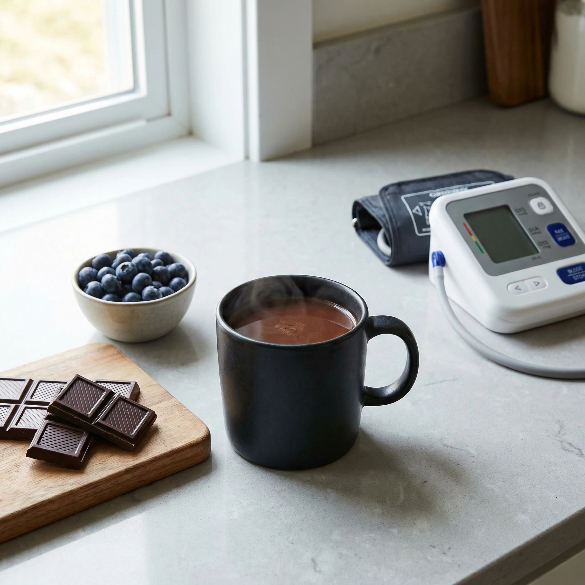 Cup of unsweetened hot cocoa beside dark chocolate, blueberries, and a blood pressure monitor on a kitchen counter