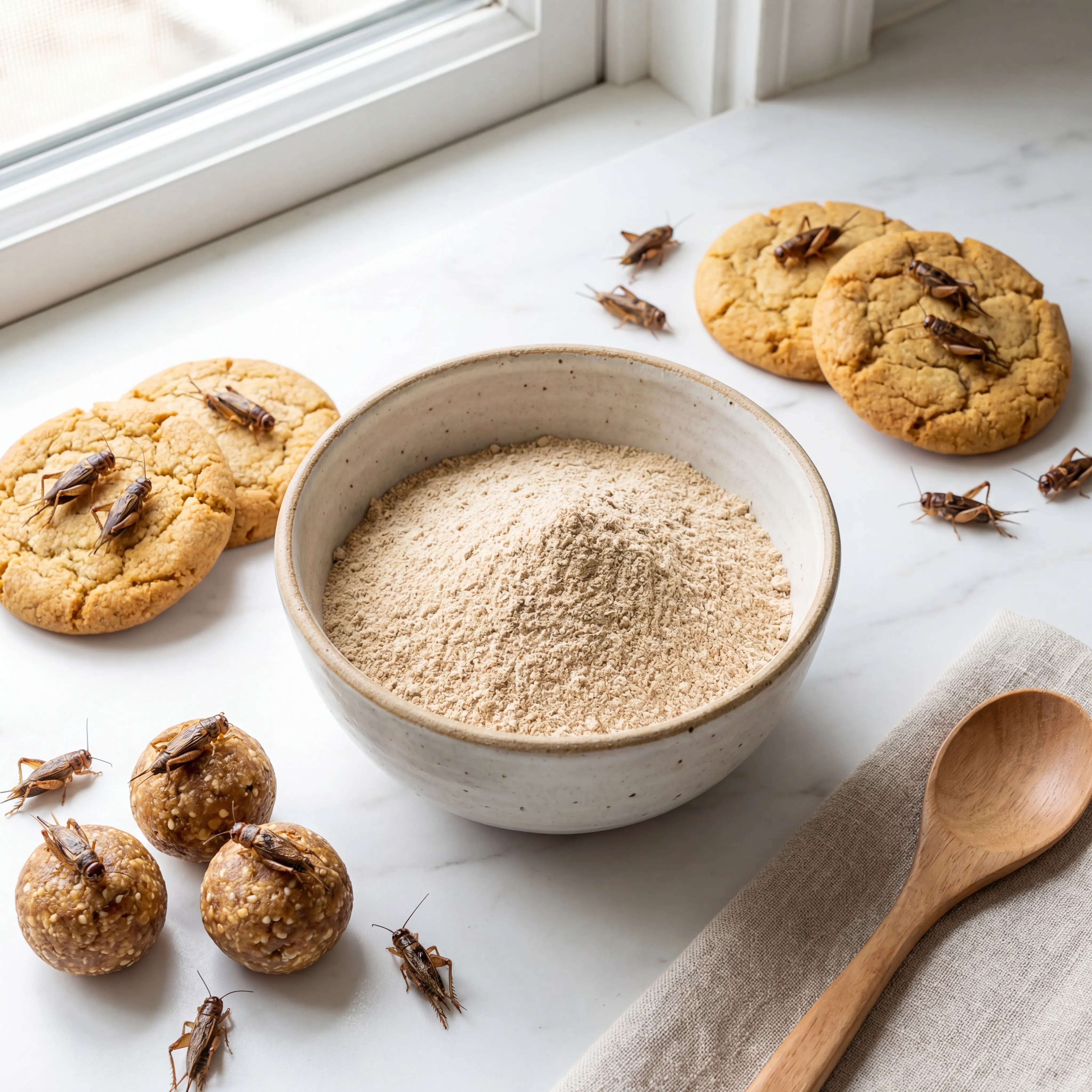 Cricket flour powder in a ceramic bowl next to freshly baked protein cookies on a kitchen counter