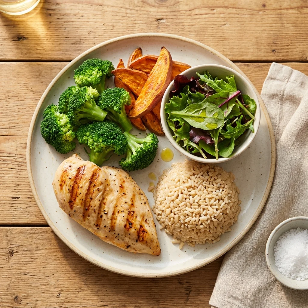 Balanced plate showing protein, vegetables, and healthy fats for breaking an intermittent fast