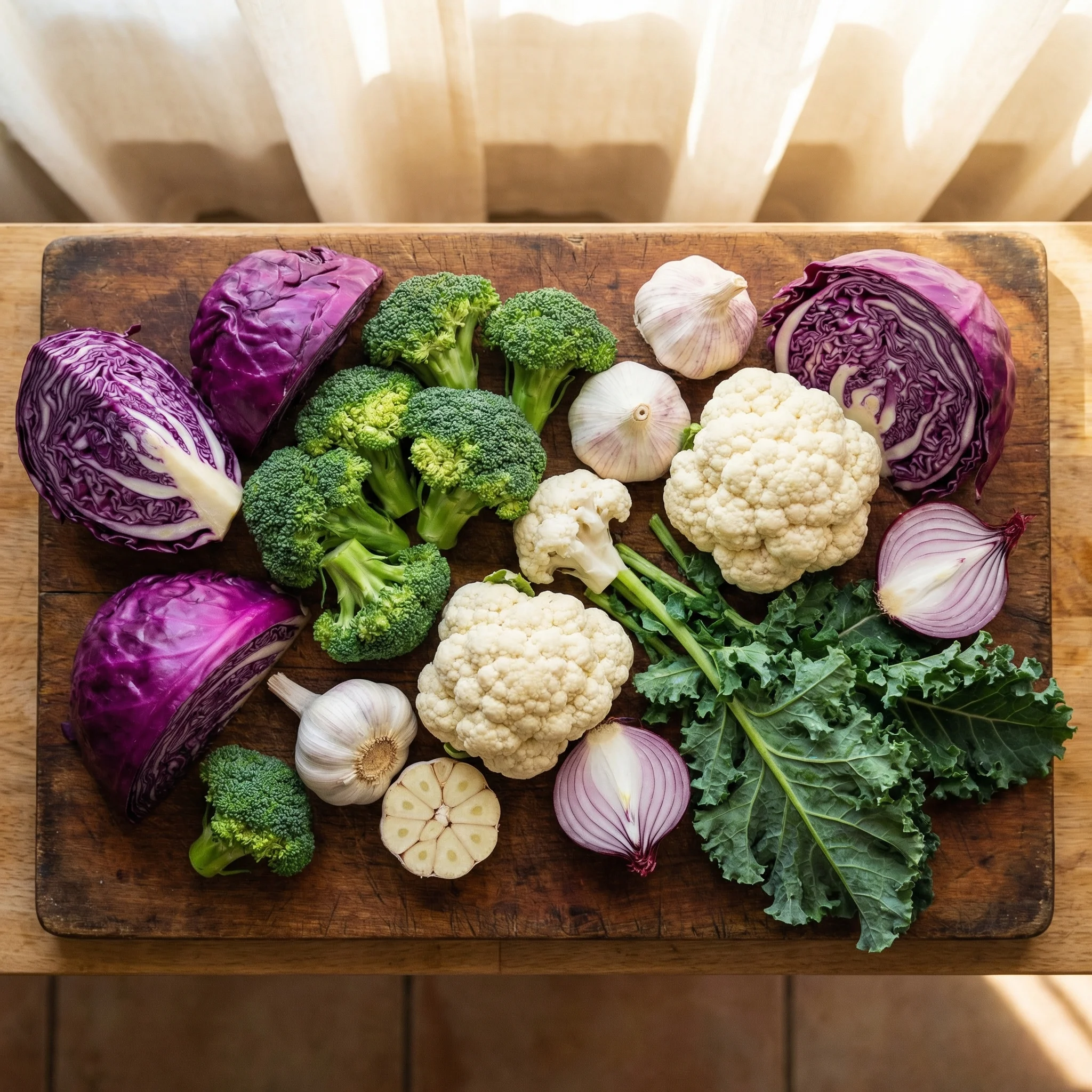 Colorful arrangement of sulfur-rich cruciferous vegetables, garlic, onions, and allium plants on a wooden cutting board