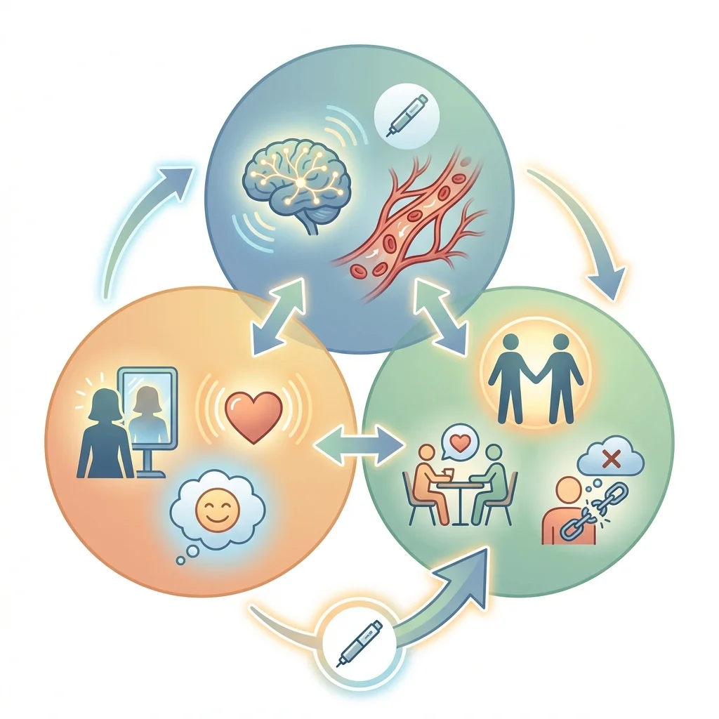 Infographic illustrating the biological, psychological, and social factors affecting sexual health during GLP-1 therapy